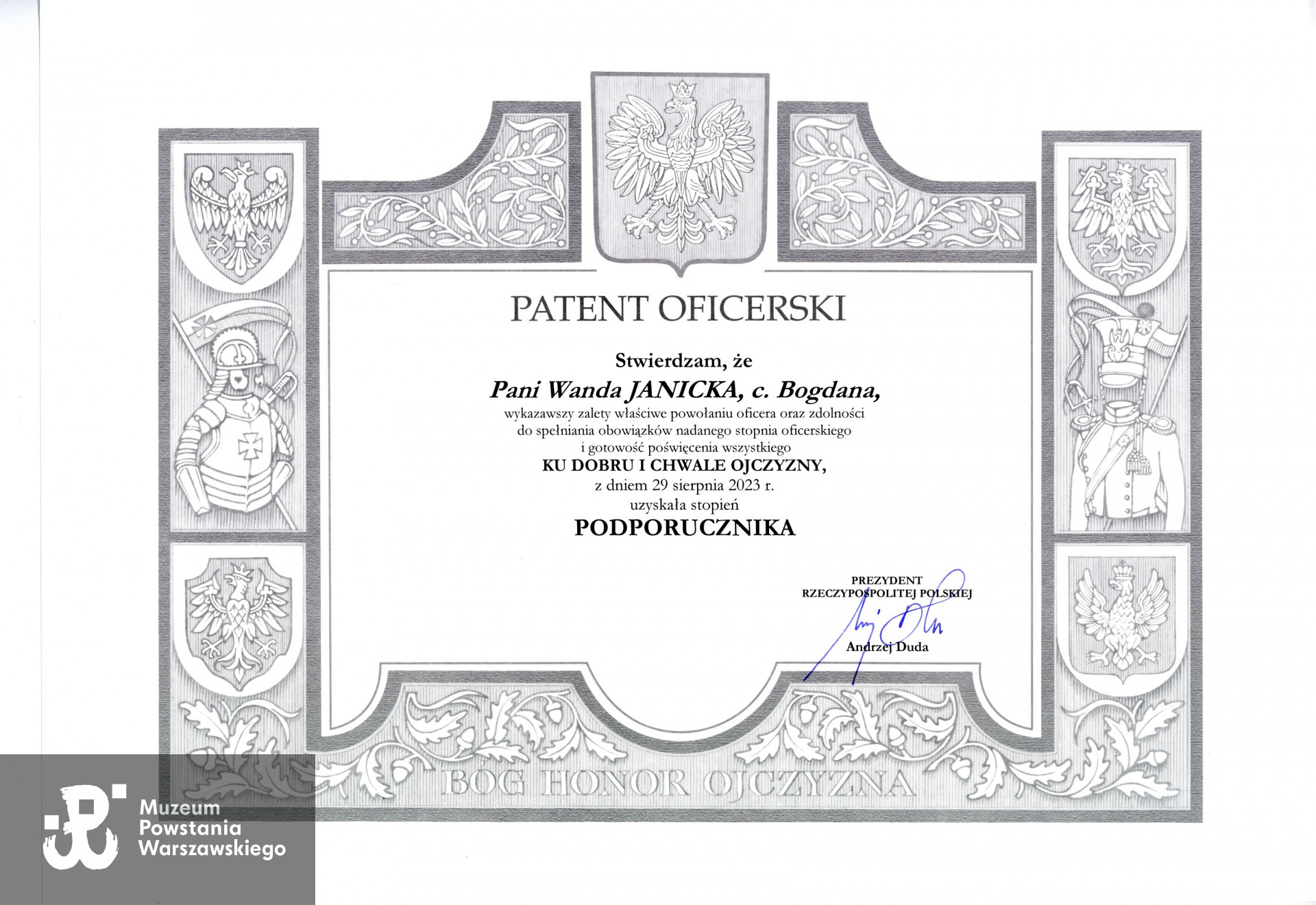 Patent oficerski Wandy Janickiej, zbiory Muzeum Powstania Warszawskiego,  przekazał p. Jerzy Marcinek 