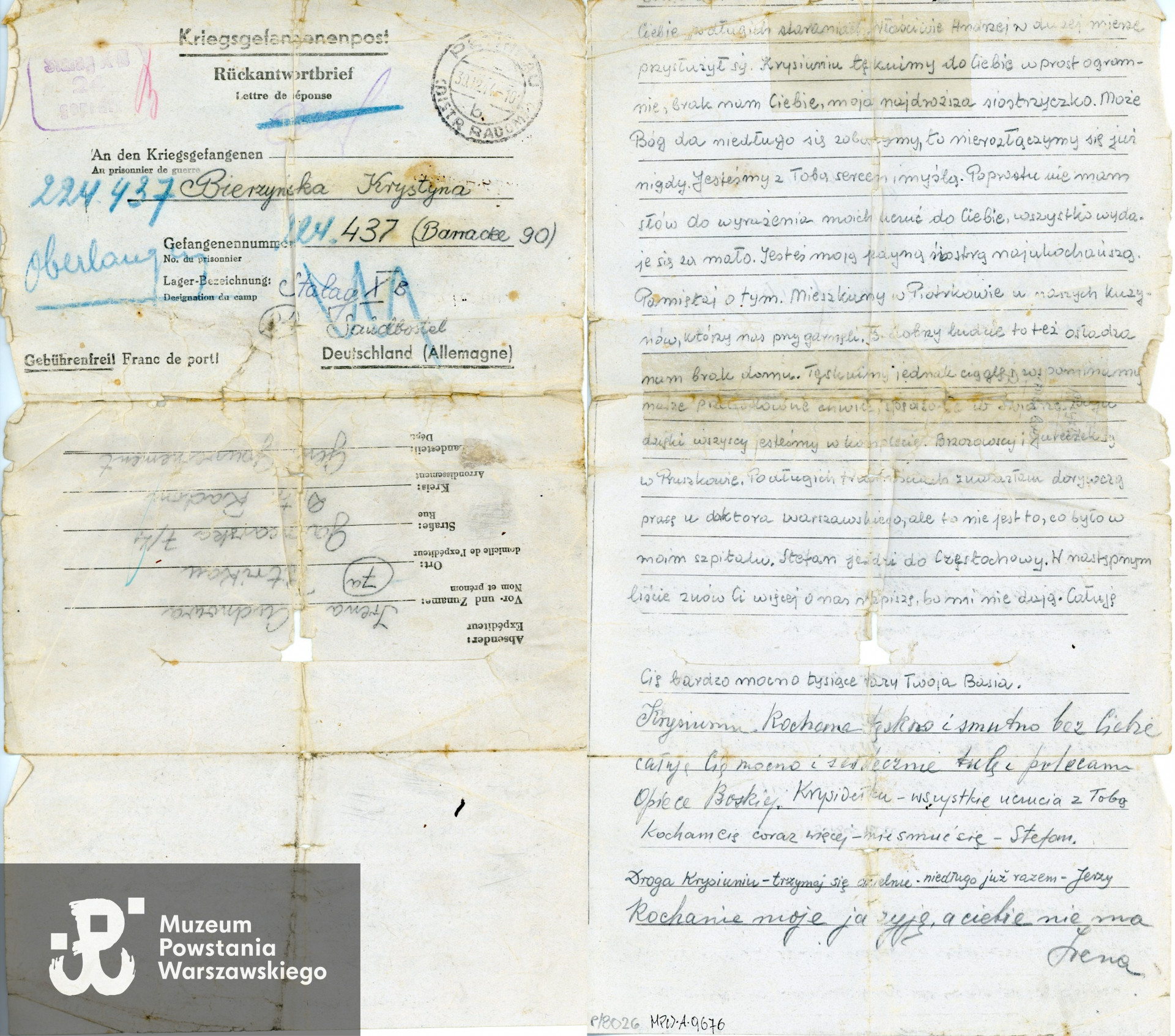 List na blankiecie obozowym napisany przez Irenę Cudnową do Krystyny Bierzyńskiej, jeńca Stalagu X B Sandbostel. Zbiory Muzeum Powstania Warszawskiego; sygn. MPW-A-9676.