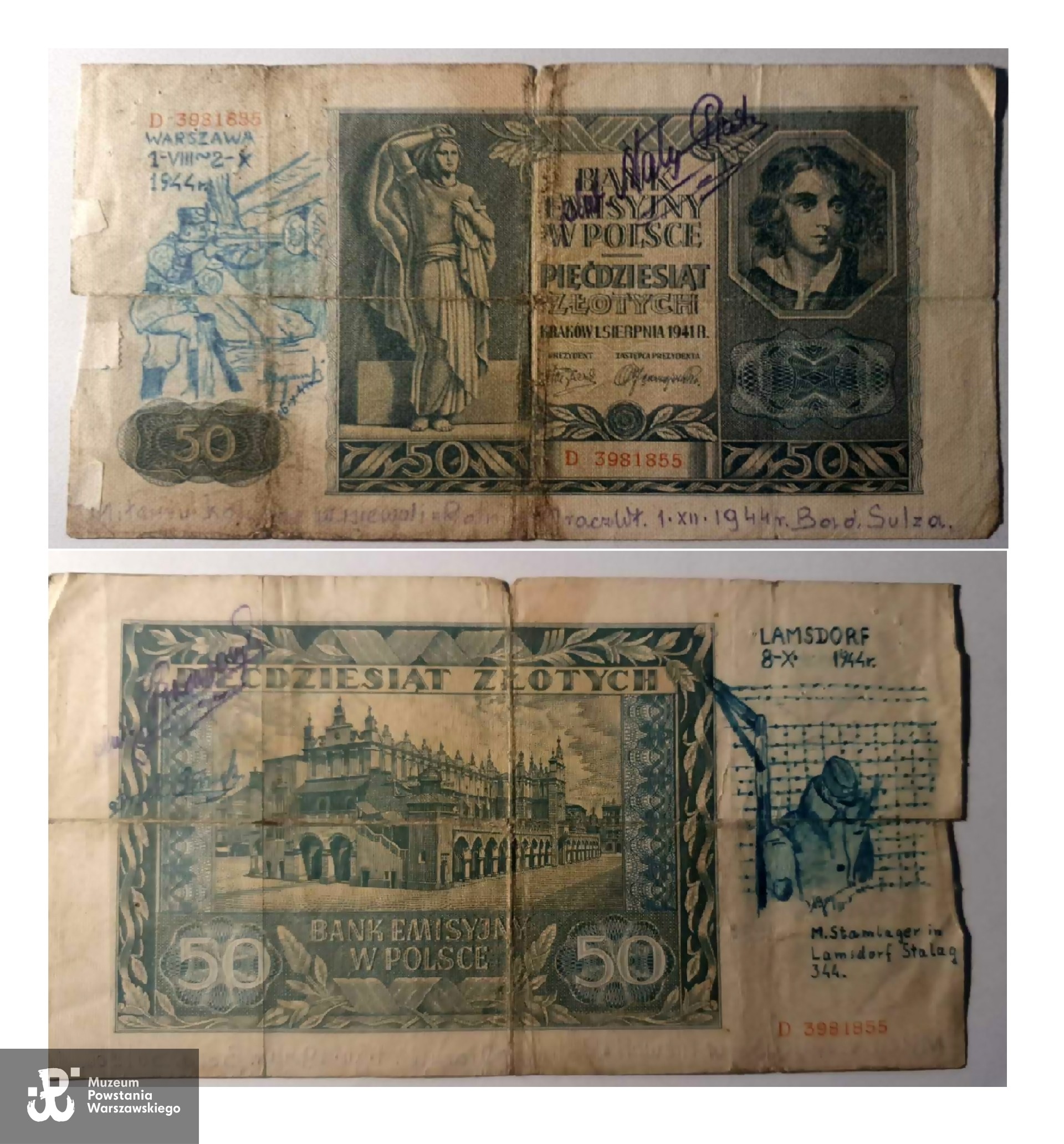 Banknot 50 złotowy (emisja: 01.08.1941) z podpisami jeńców-żołnierzy Powstania Warszawskiego złożonymi z obozie jenieckim Lamsdorf (Stalag 344) oraz Stalagu IX C w Bad Sulza (Turyngia, Niemcy). Widoczny m. in. podpis Władysława Oracza ps. Rolnik oraz plut. „Mały-Piat” (plut. Jan Krawczyk, który używał dwóch pseudonimów, tj. "Mały" i "Piat").  Kolekcja prywatna, skan udostępnił p. Piotr Siejek.