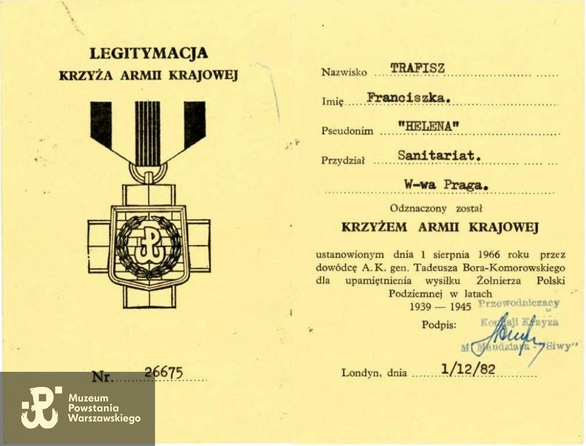 Legitymacja odznaczeniowa - Krzyż Armii Krajowej. Skan dokumentu udostępnił p. Wojciech Czerwiński, syn Franciszki Trafisz (Czerwińskiej).
