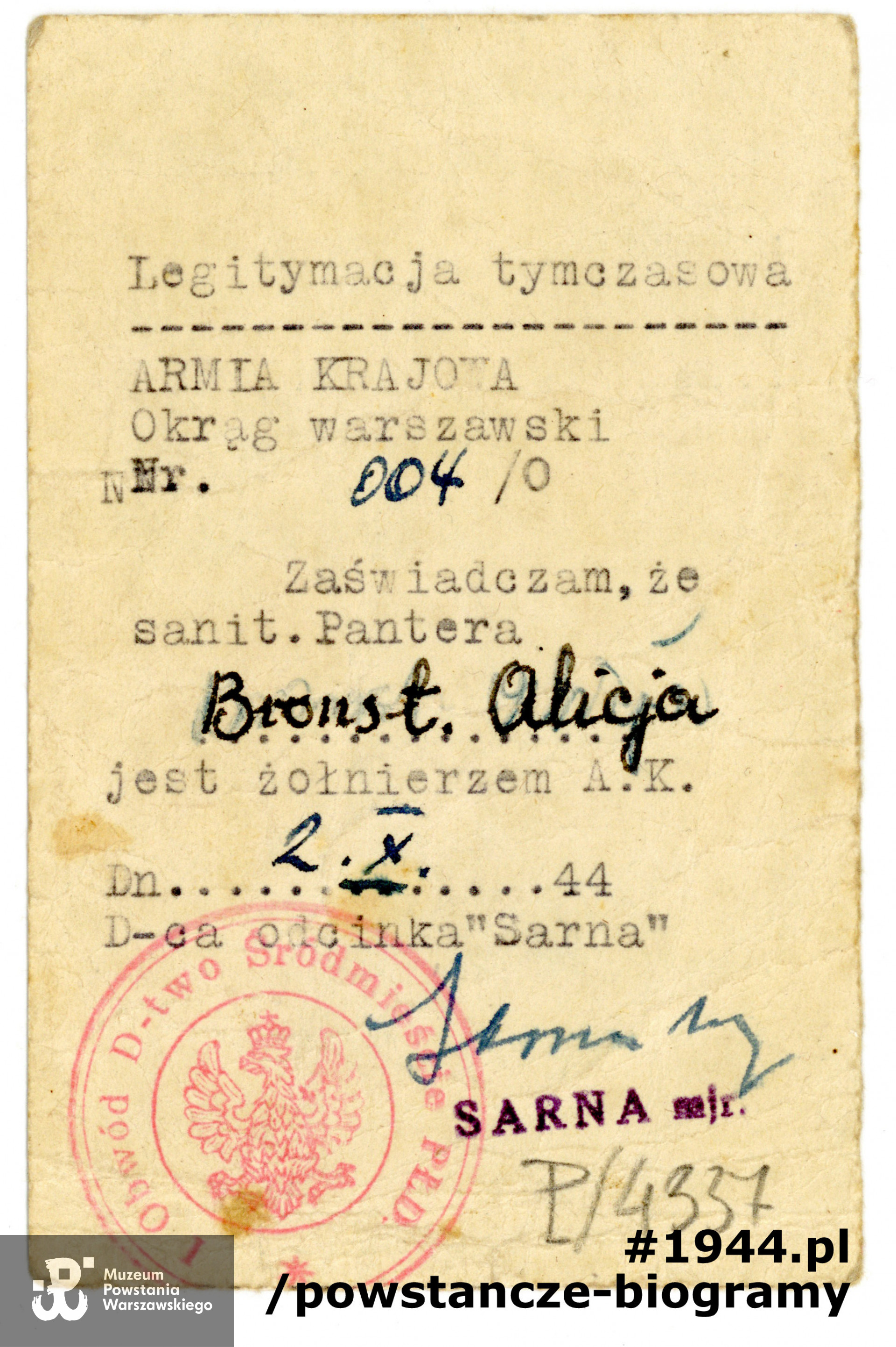 Legitymacja tymczasowa AK. Ze zbiorów Muzeum Powstania Warszawskiego, sygn. P/4337