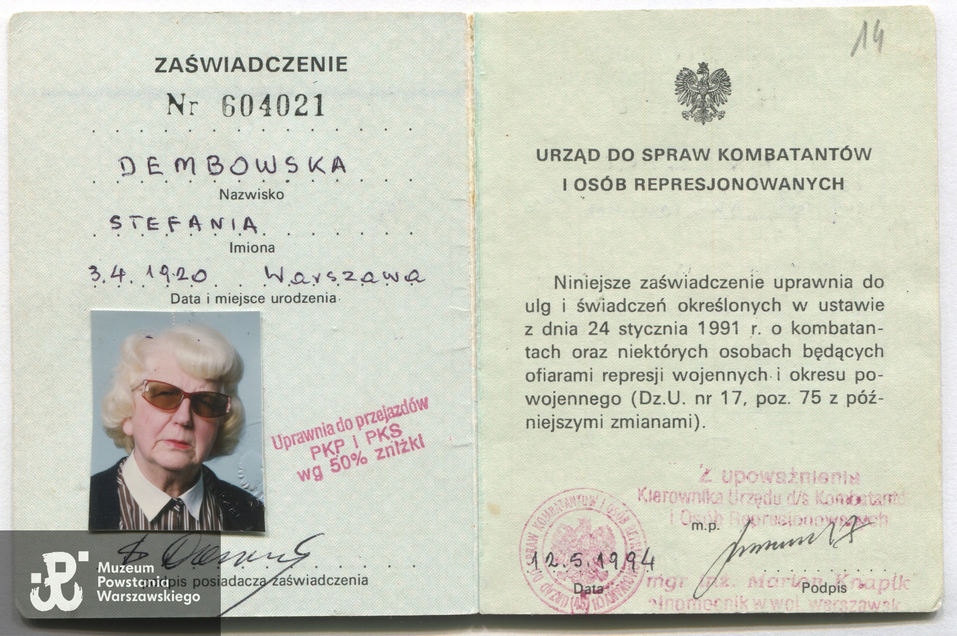 Zaświadczenie UdsKiOR. Z archiwum rodzinnego p. Stefanii Dembowskiej