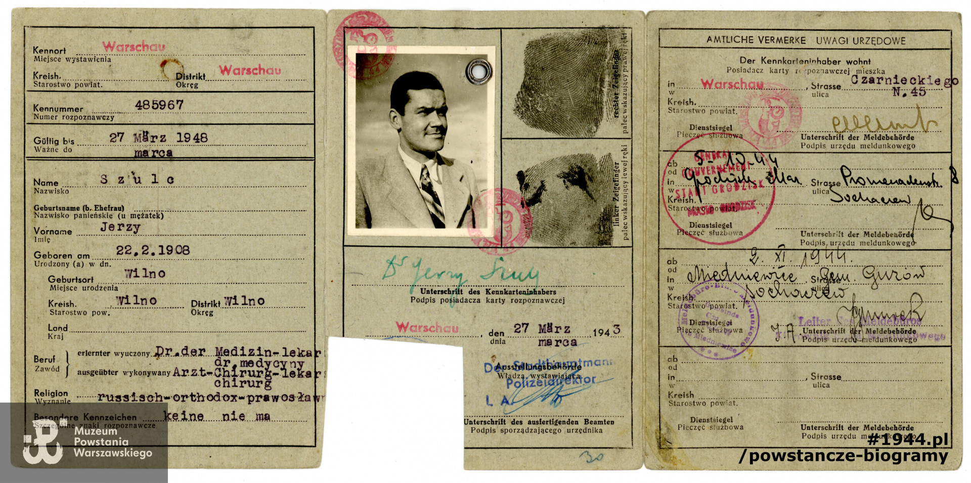 Okupacyjna kenkarta  wystawiona na nazwisko  Jerzy Szulc. Ze zbiorów Muzeum Powstania Warszawskiego