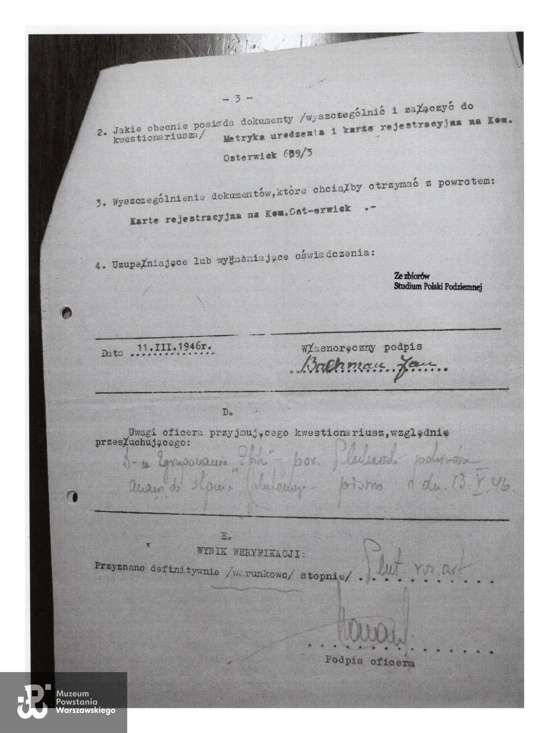 Studium Polski Podziemnej - kwestionariusz specjalny