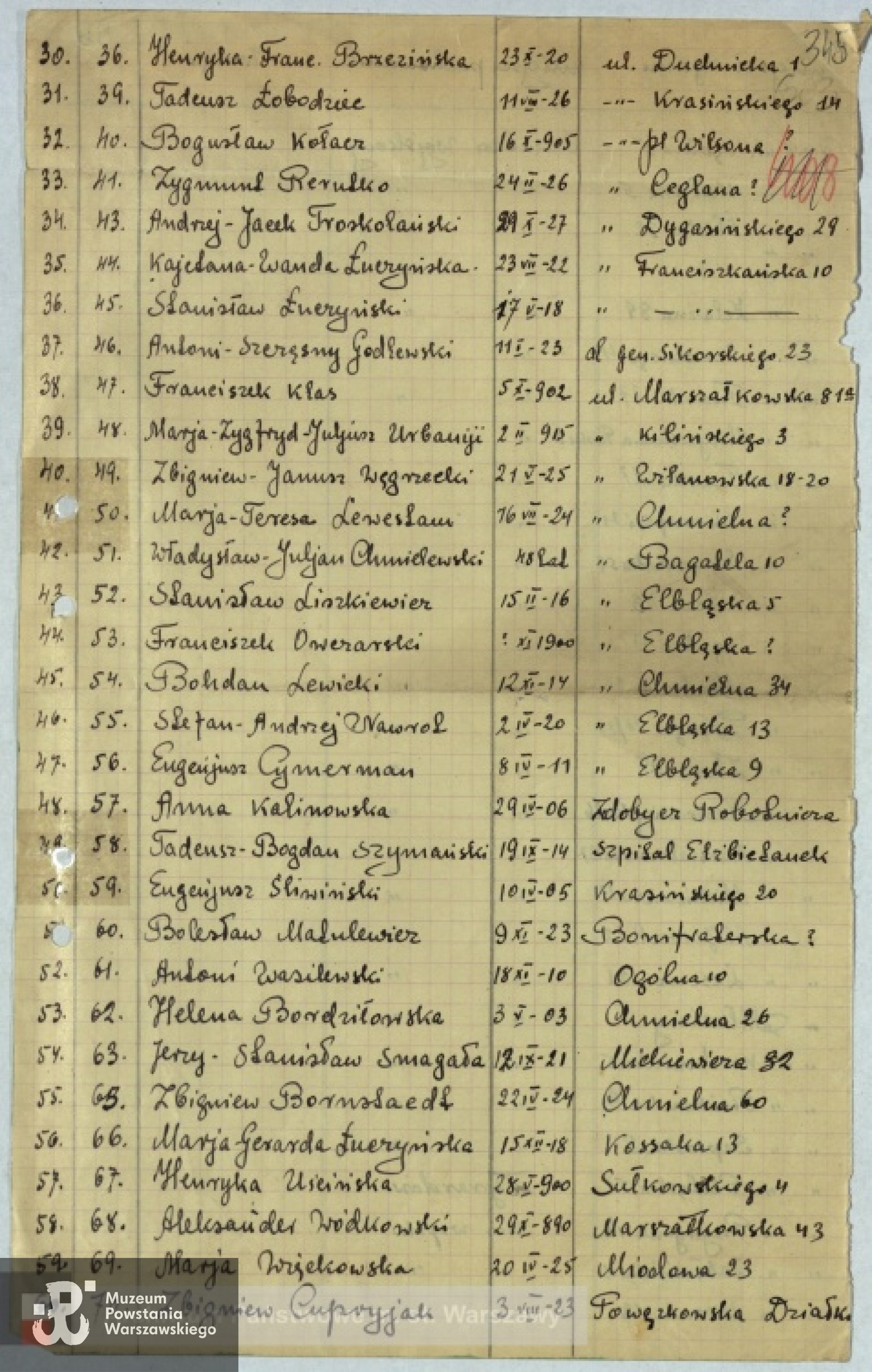 Lista ekshumacyjna ze zbiorów Archiwum Państwowego m. st. Warszawy