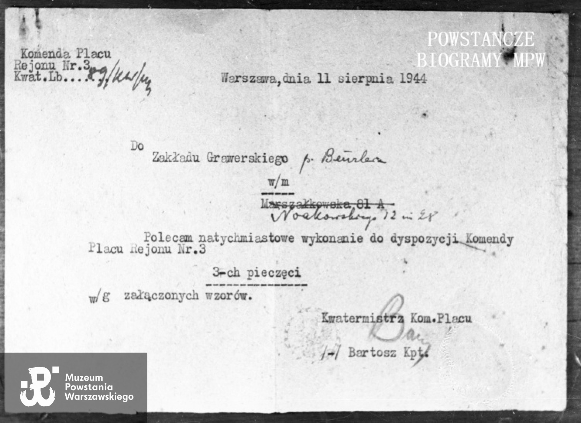 Polecenie wykonania pieczęci przez Tadeusza Bonclera. Fot. ze zbiorów Muzeum Powstania Warszawskiego, sygn. MPW-IN/4537