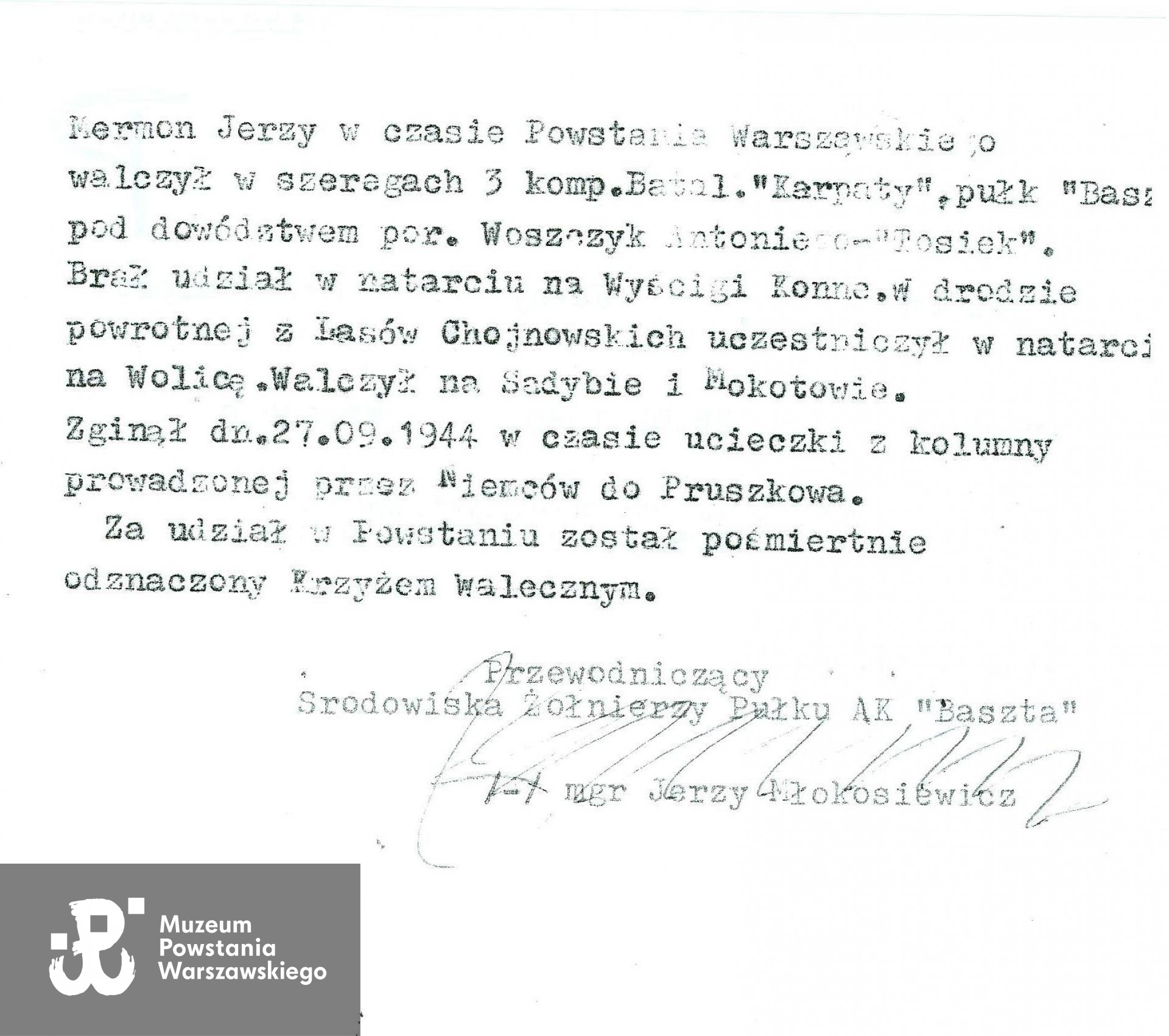 Uzasadnienie wniosku o odznaczenie pośmiertne Warszawskim Krzyżem Powstaańczym