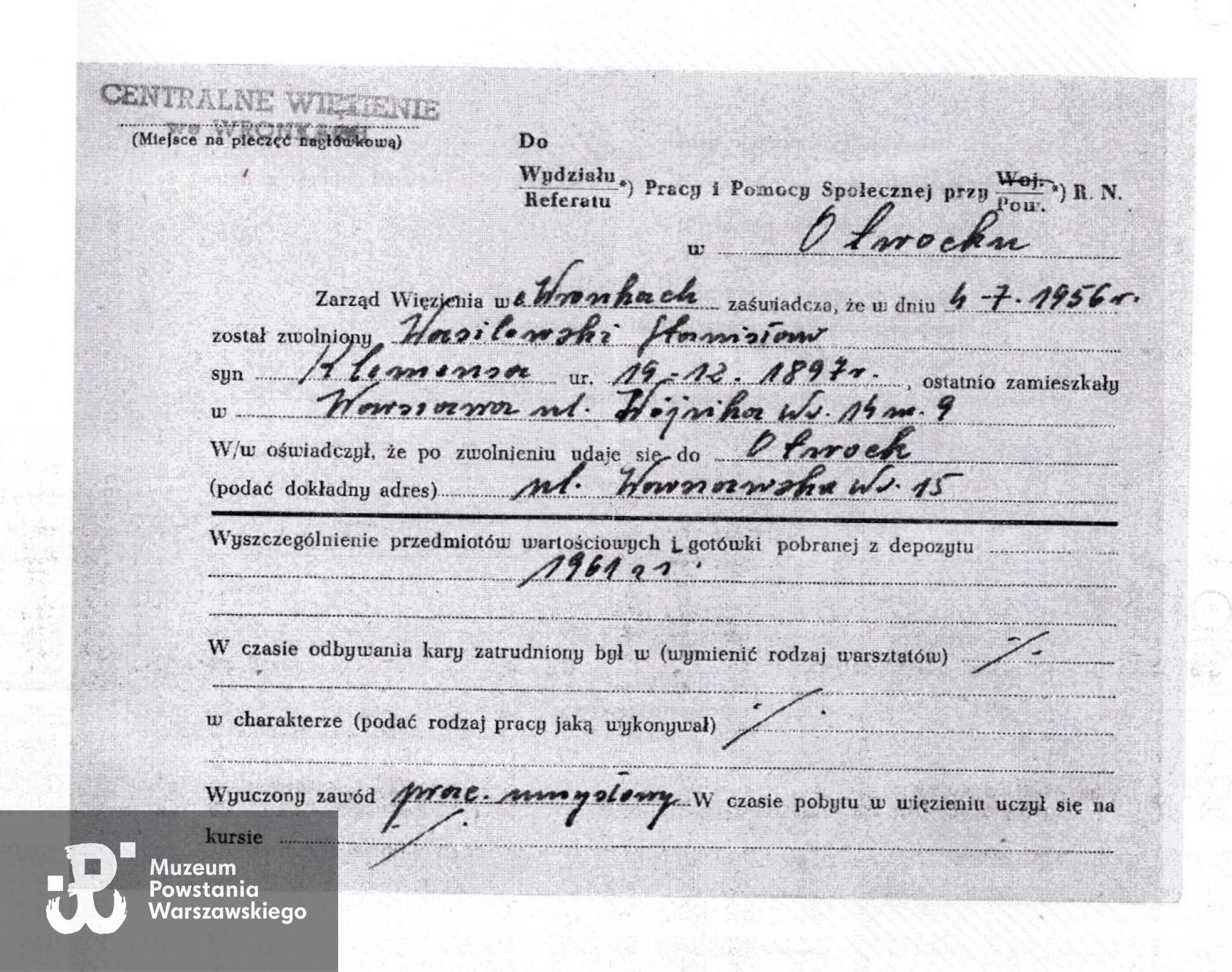 Muzeum Powstania Warszawskiego,  Teczki personalne uczestników Powstania Warszawskiego: Wasilewski Stanisław  "Rogala"