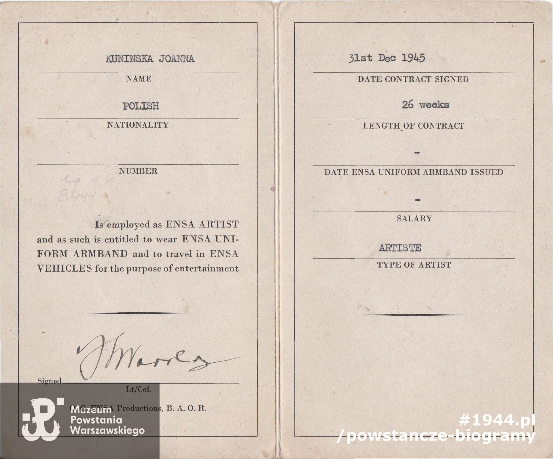 Należąca do Joanny Rybickiej ps. "Gustawa" legitymacja byłego Jeńca Wojennego.  Z archiwum rodzinnego udostępnił p. Miłowit Kuniński    