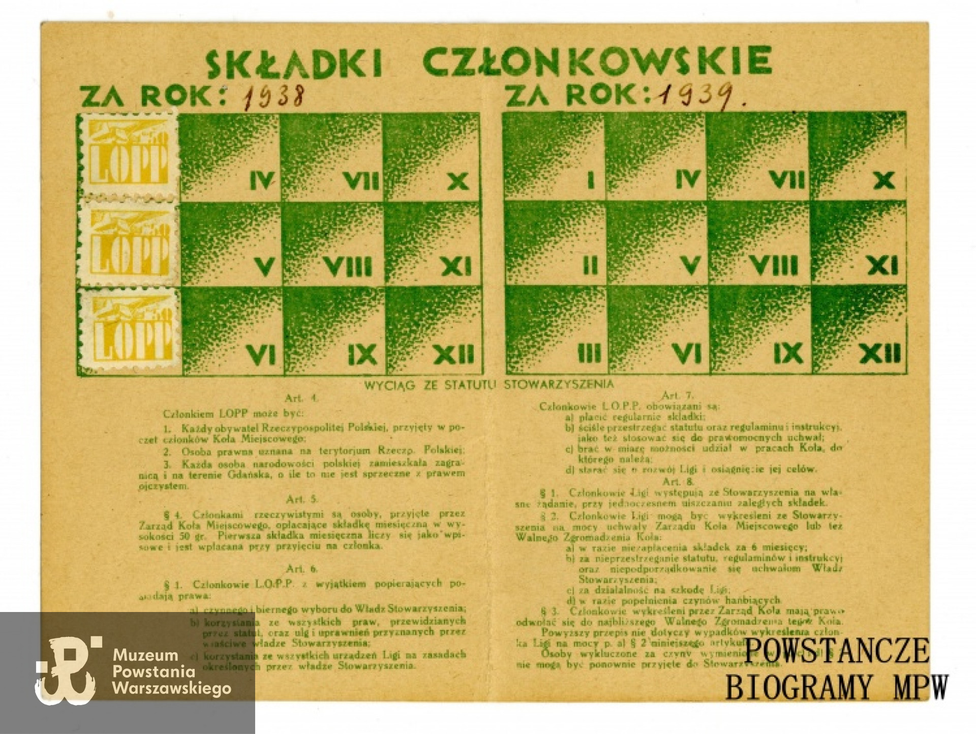 Legitymacja Ligi Obrony Powietrznej i Przeciwgazowej wystawiona na nazwisko Władysław Miładowski. Ze zbiorów Muzeum Powstania Warszawskiego, sygn.  P/8219