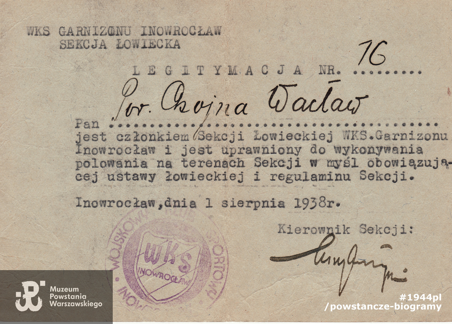 Legitymacja członkowska Wojskowego Klubu Sportowego Garnizonu Inowrocław - Sekcja Łowiecka (1938). Dokument ze zbiorów rodzinnych, skan udostępniła p. Agnieszka Ławacz-Sampanis