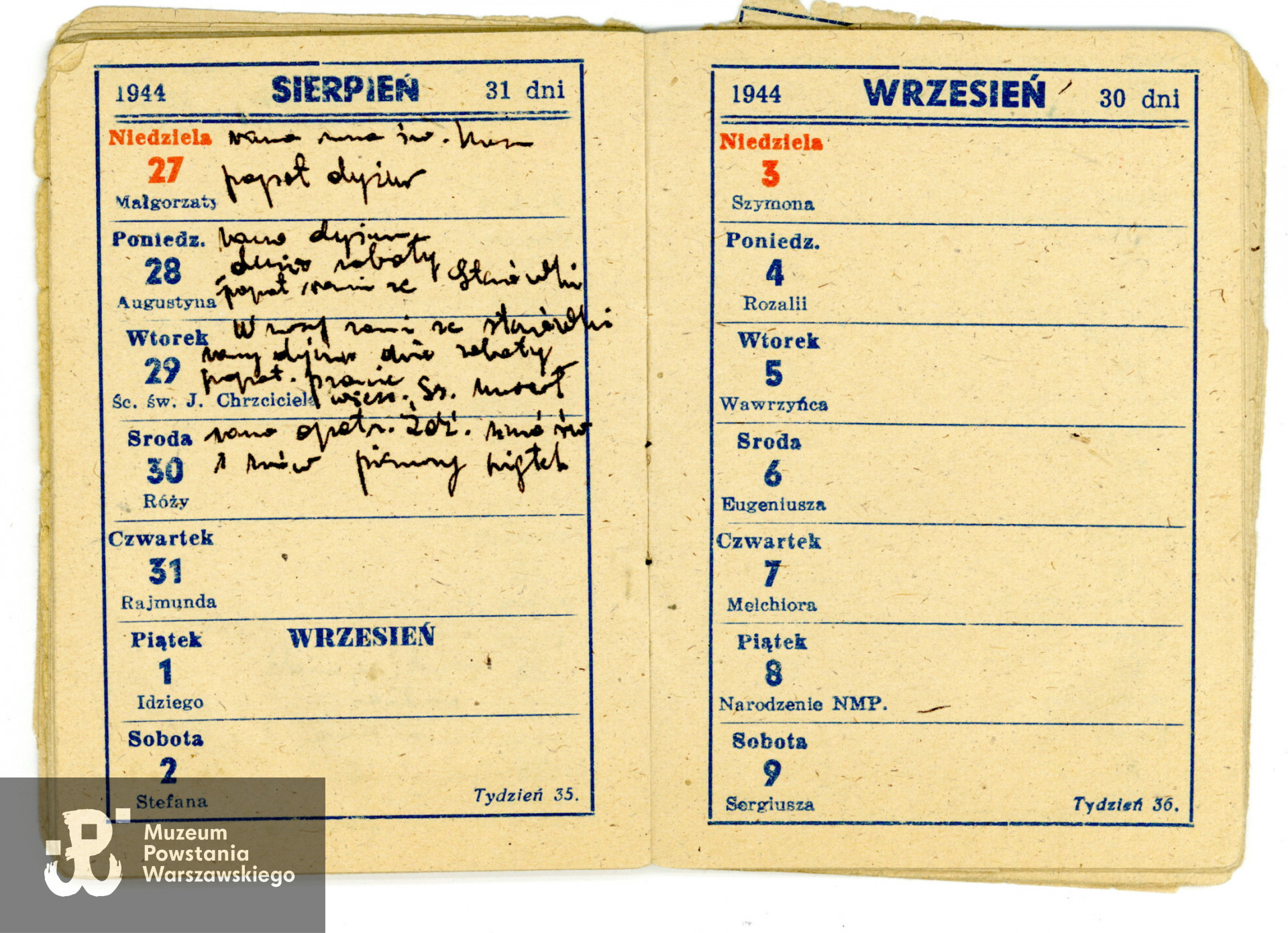 Kalendarzyk z 1944 roku z zapiskami z sierpnia. Ze zbiorów rodzinnych, udostępnili p. Jacek Krzysztof Moskwa i p. Stanisław  Piotr Moskwa, synowie. Skany wykonano w Muzeum Powstania Warszawskiego, 03/2024