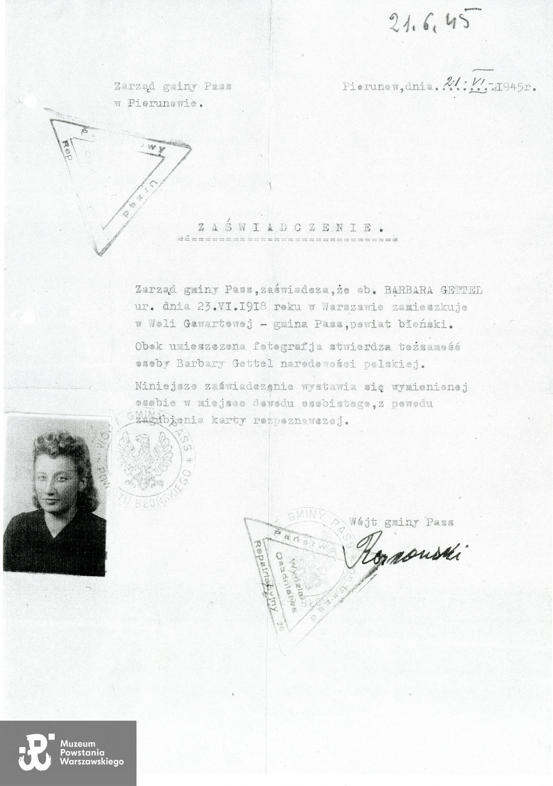 Źródło: Muzeum Powstania Warszawskiego, Teczki personalne uczestników Powstania Warszawskiego: Gettel Barbara Janina, zasób Pokoju Kombatanta MPW