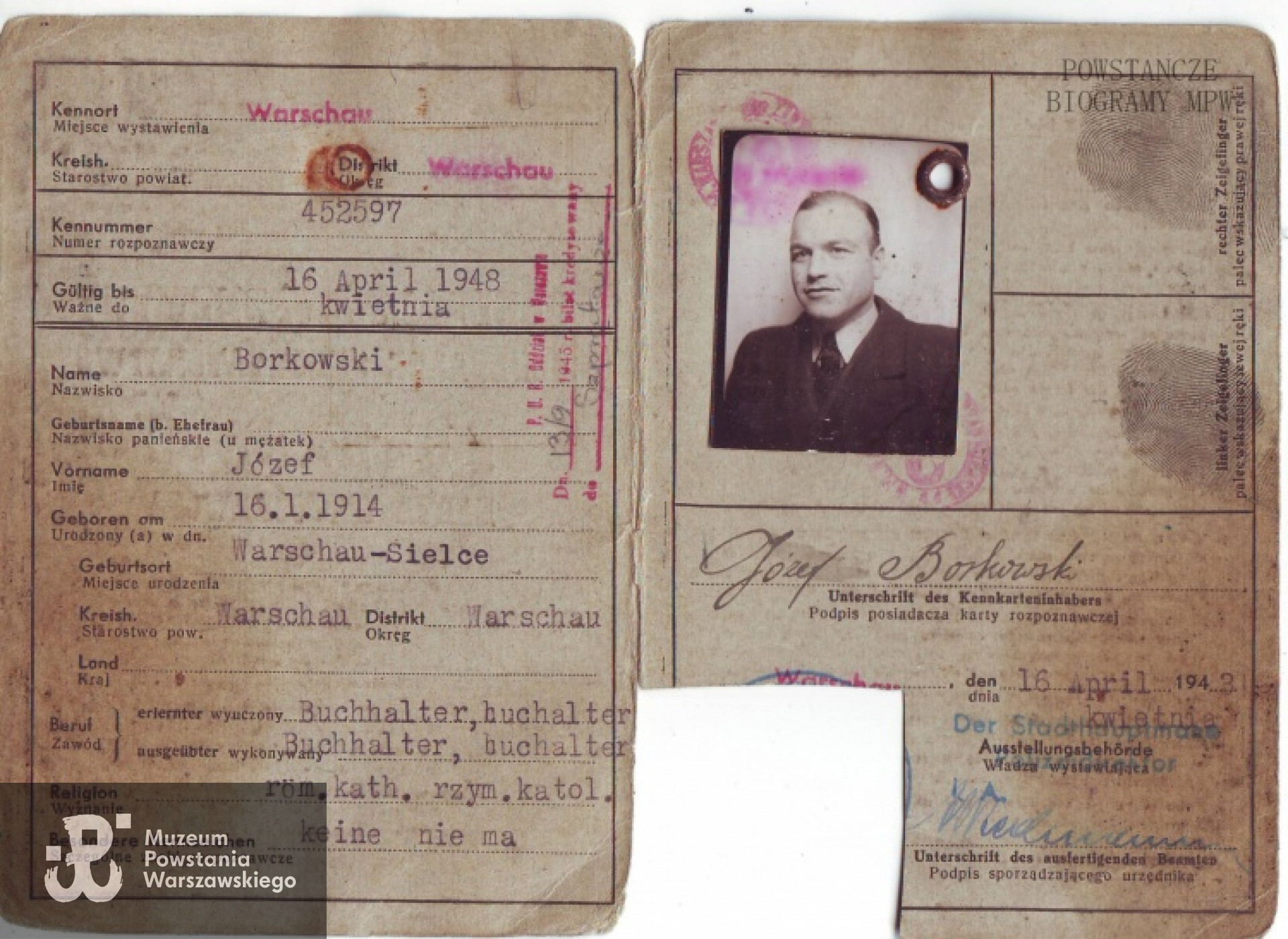 Okupacyjna kenkarta Józefa Borkowskiego. Dokument ze zbiorów rodzinnych p.   Anny Witkowskiej, córki Powstańca.