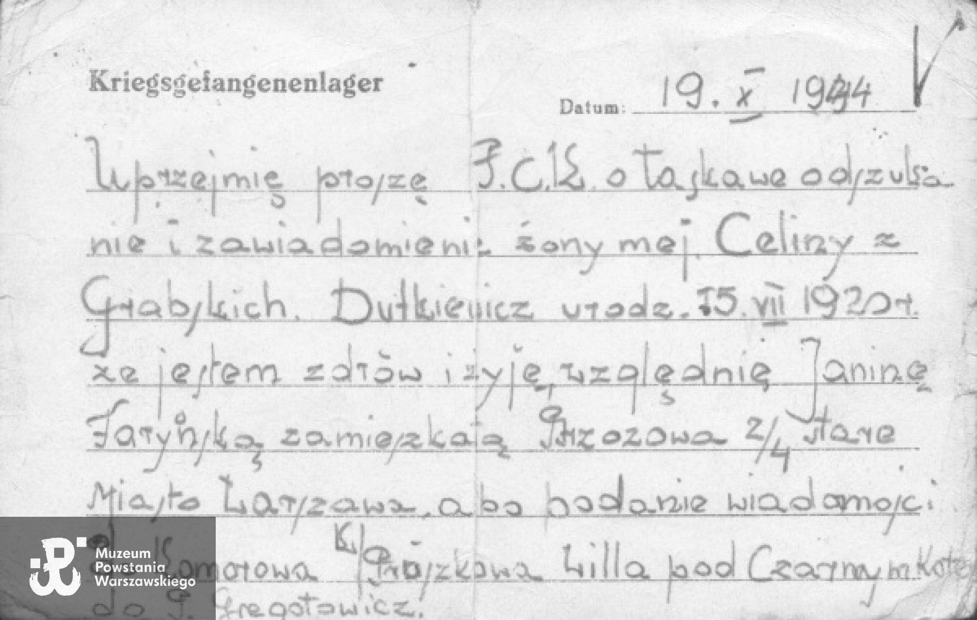 Kartka z obozu jenieckiego Stanisława Dutkiewicza. Stalag XI-B Fallingbostel