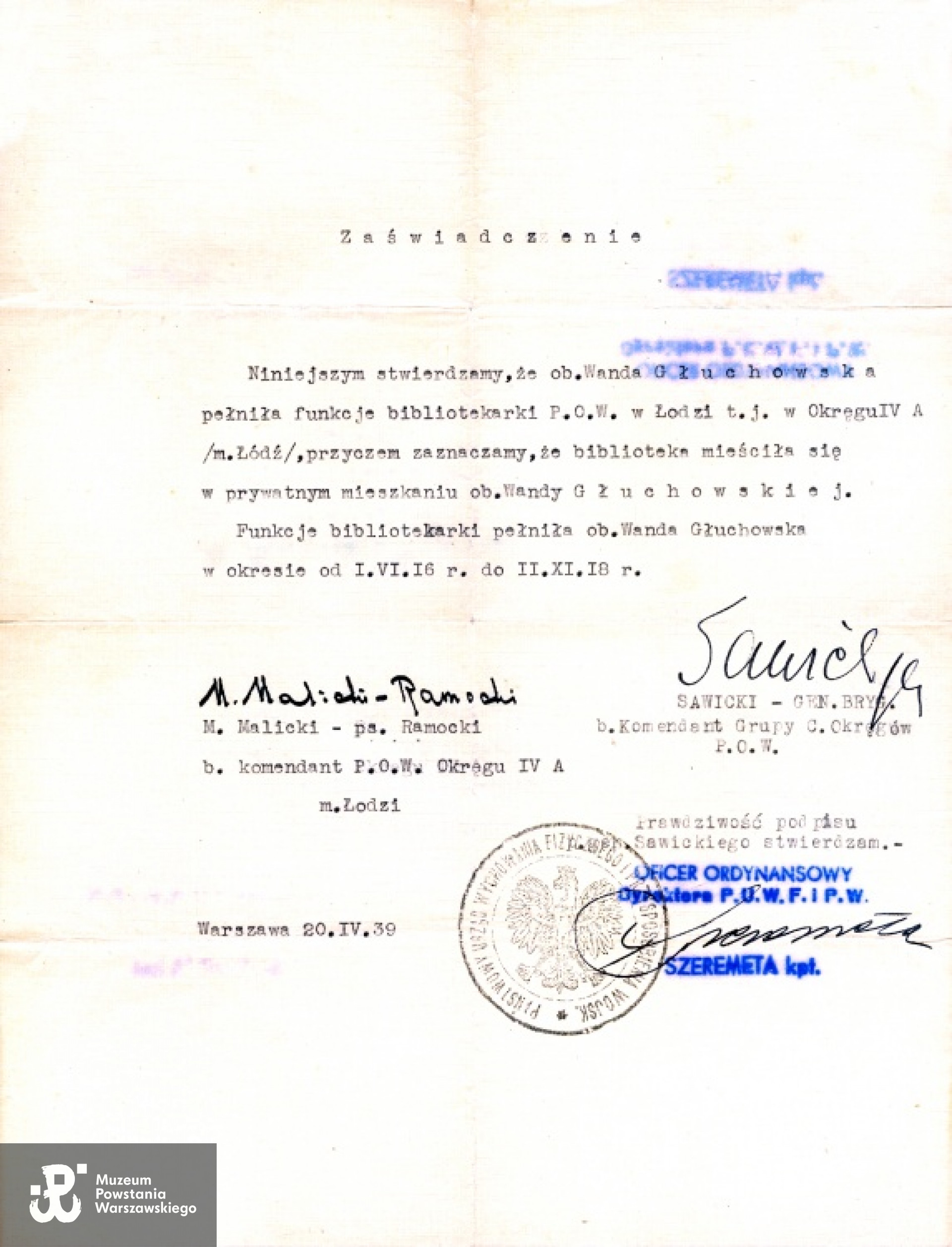 20.04.1939 - świadectwo służby Wandy Głuchowskiej w Polskiej Organizacji Wojskowej. Fot. archiwum rodzinne.