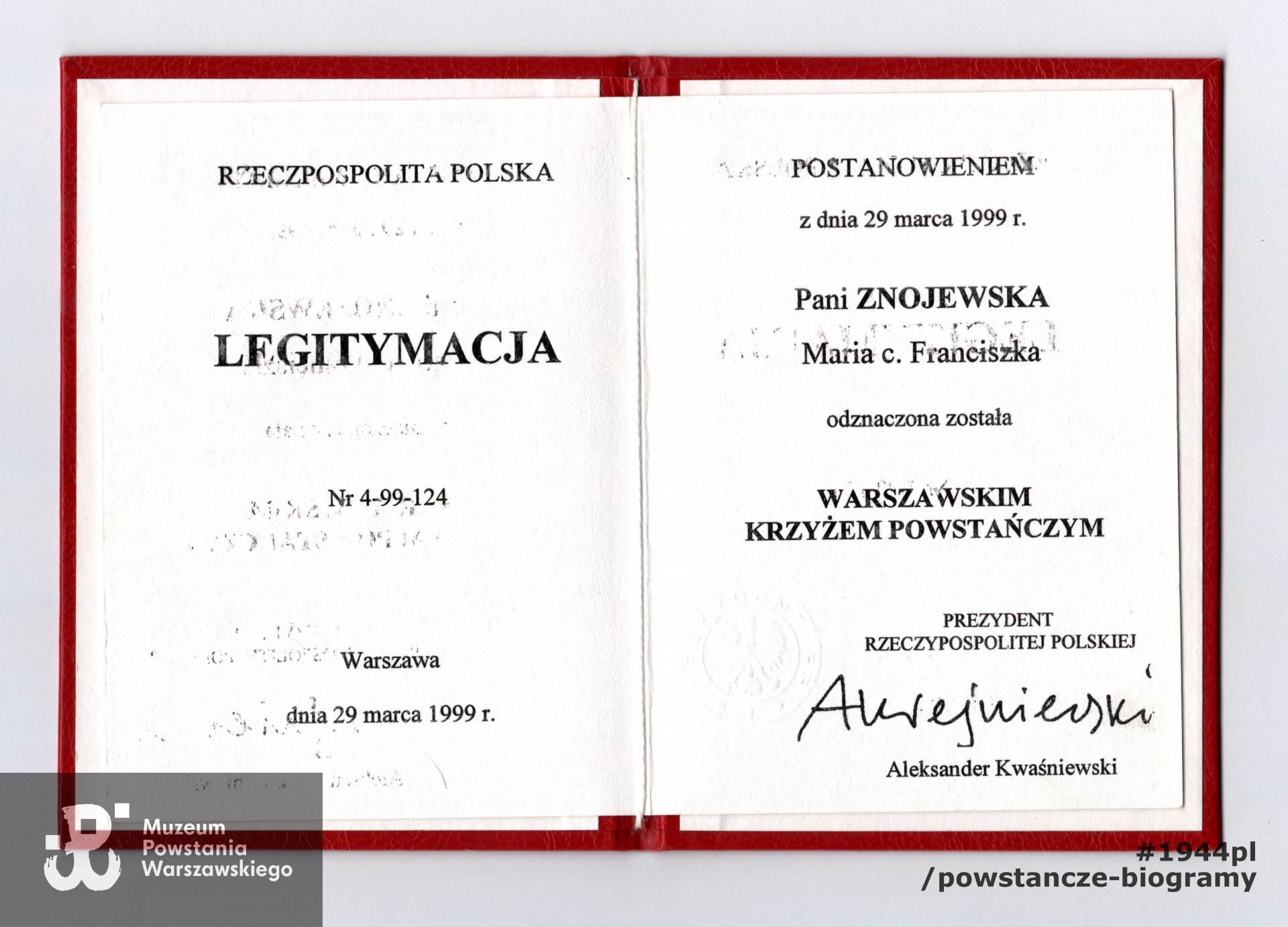 Legitymacja odznaczeniowa - Warszawski Krzyż Powstańczy. Ze zbiorów p. Marii Znojewskiej