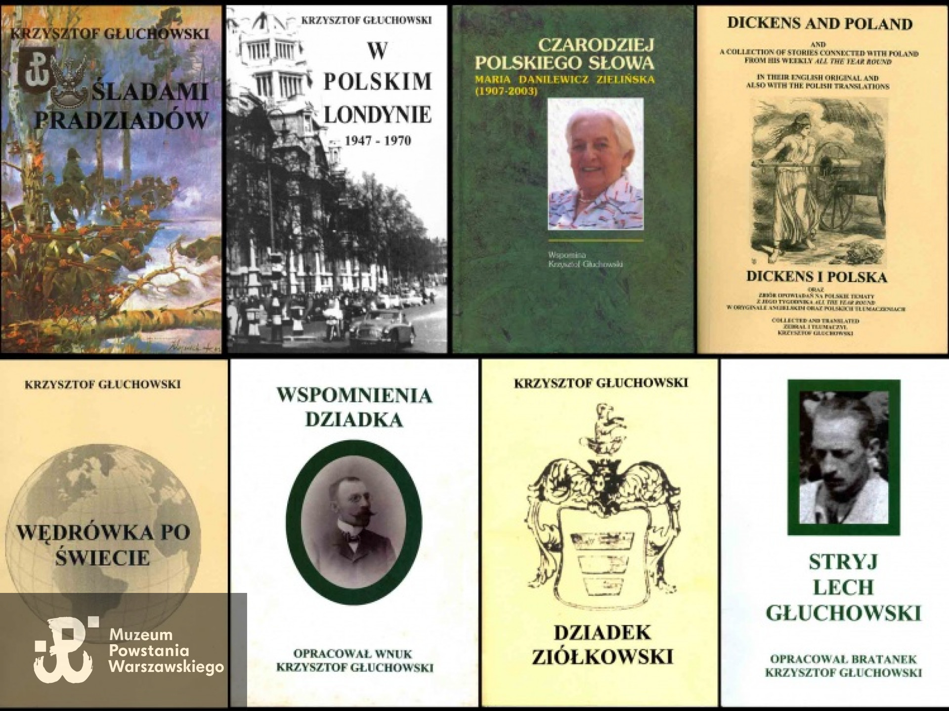 Książki Krzysztofa Głuchowskiego napisane w Brazylii: pierwsze dwie wydane w Londynie przez Polską Fundację Kulturalną, następne dwie wydane w kraju, pierwsza przez PHU - Lars Antyki we Włocławku i druga przez Akademię Polonijną w Częstochowie. W dolnym szeregu cztery, z dwudziestu czterech wydawnictw bibliofilskich Oficyny Komputerowej Krzysztofa Głuchowskiego w Rio de Janeiro. Z archiwum rodzinnego Krzysztofa Głuchowskiego.