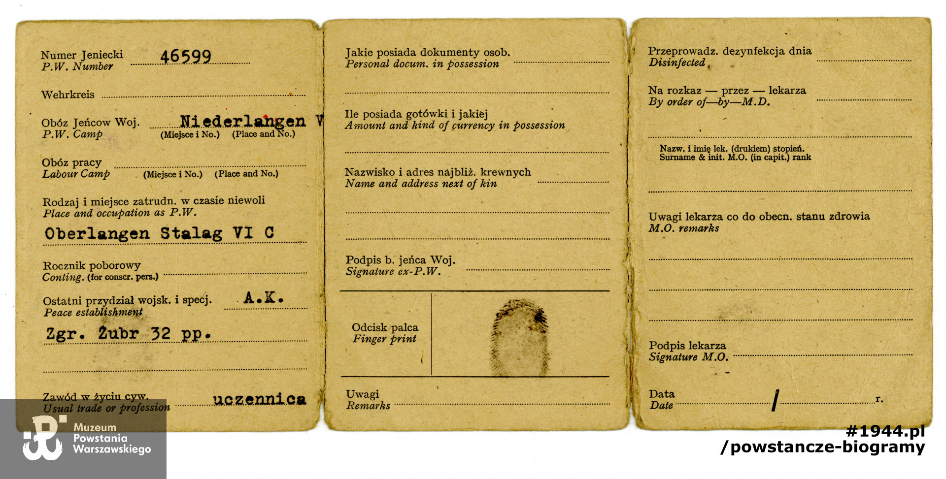 Legitymacja byłego jeńca wojennego. Ze zbiorów Muzeum Powstania Warszawskiego, sygn. P/7837/13, dar brata, p. Janusza Kieszczyńskiego