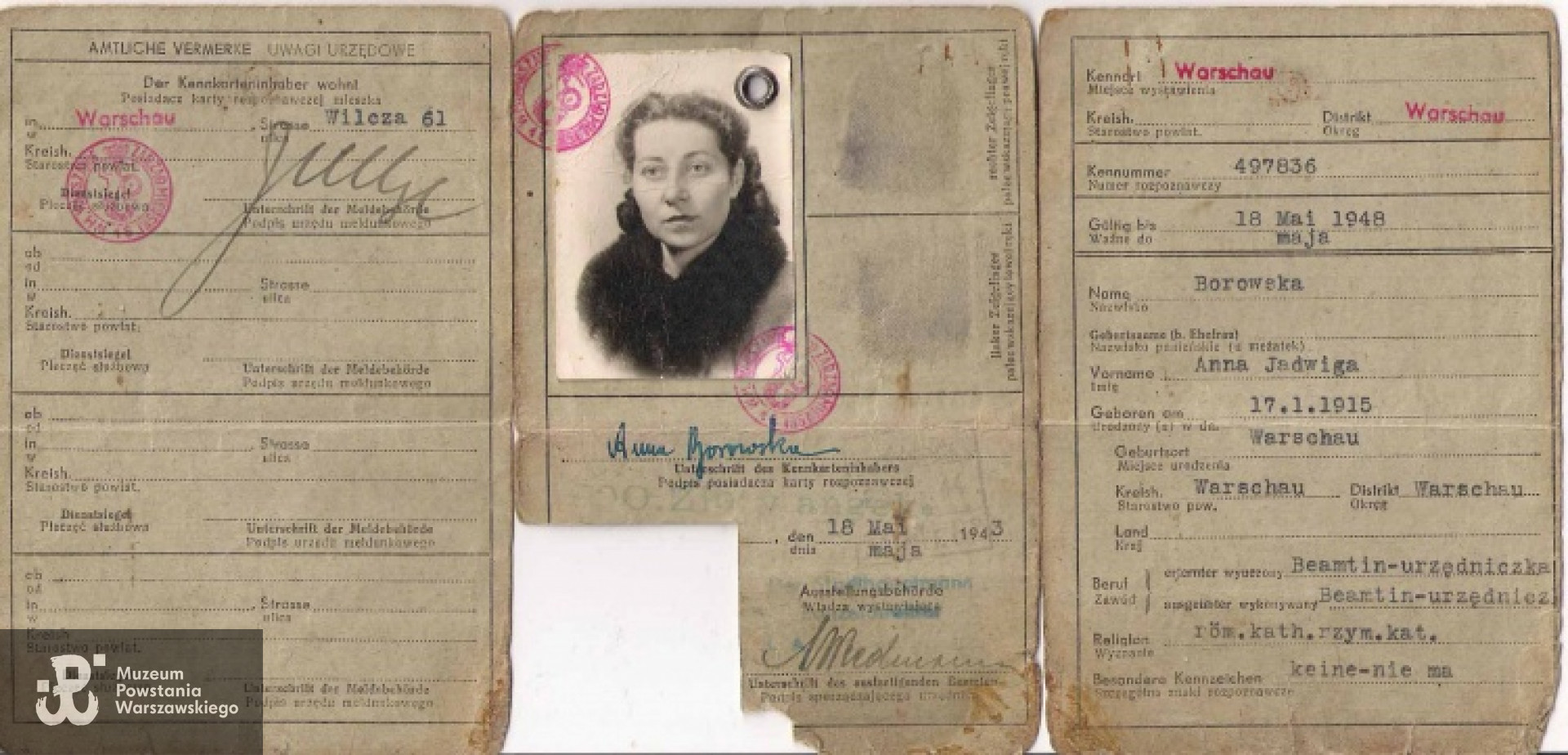 Anna Bichniewicz - fałszywa Kennkarte wyrobiona przez komórkę "legalizacji" AK na nazwisko panieńskie Borowska - str. 2