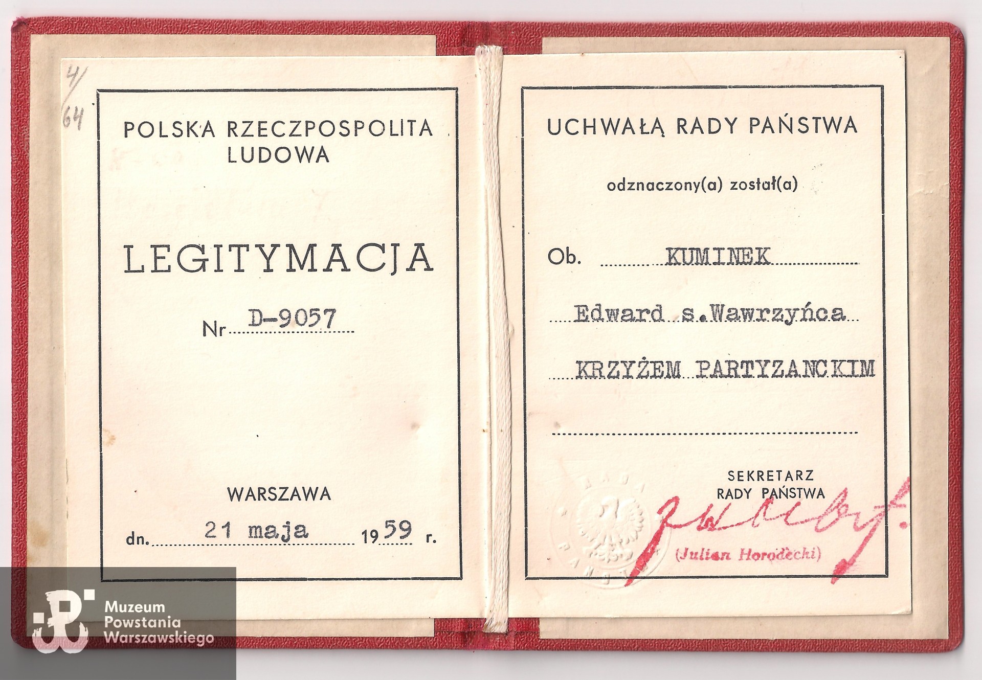 Legitymacja odznaczeniowa - Krzyż Partyzancki. Ze zbiorów rodzinnych, skan nadesłał p. Jacek Kuminek, bratanek Powstańca 