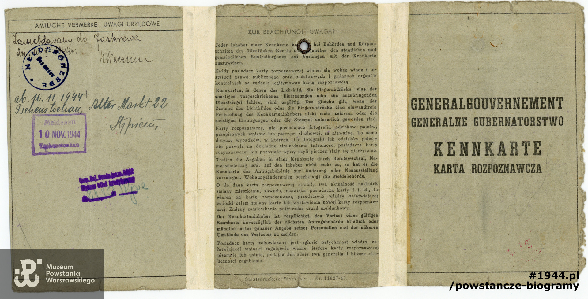 Należąca do por. Ottona Wiszniewskiego niemiecka kenkarta z okresu okupacji. Dokument wystawiony na fałszywe nazwisko "Otton Powiertowski". Z archiwum rodzinnego córki, p. Joanny Brejnak