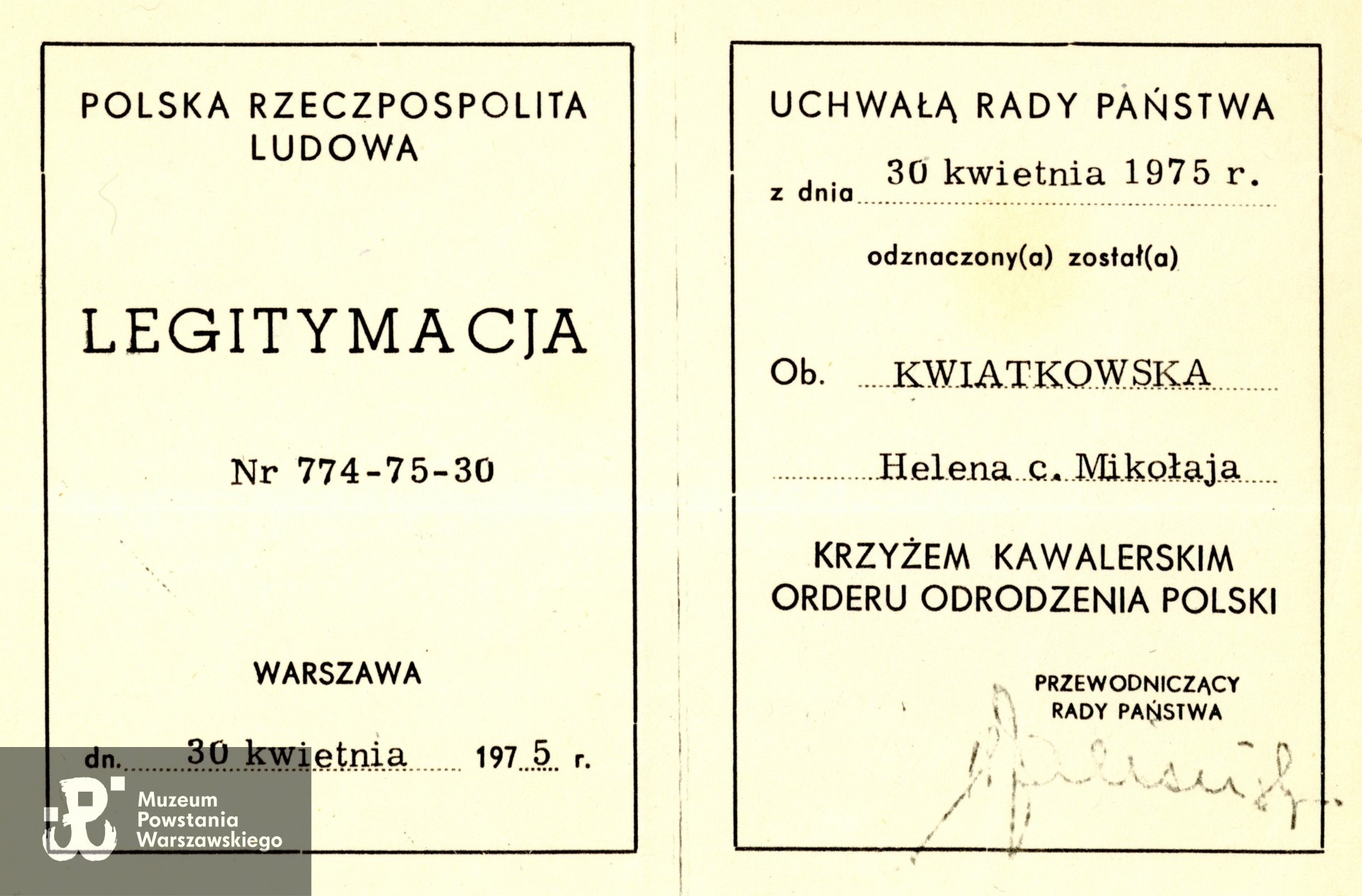 Kopia legitymacji odznaczeniowej - Krzyż  Kawalerski  Orderu Odrodzenia Polski. 