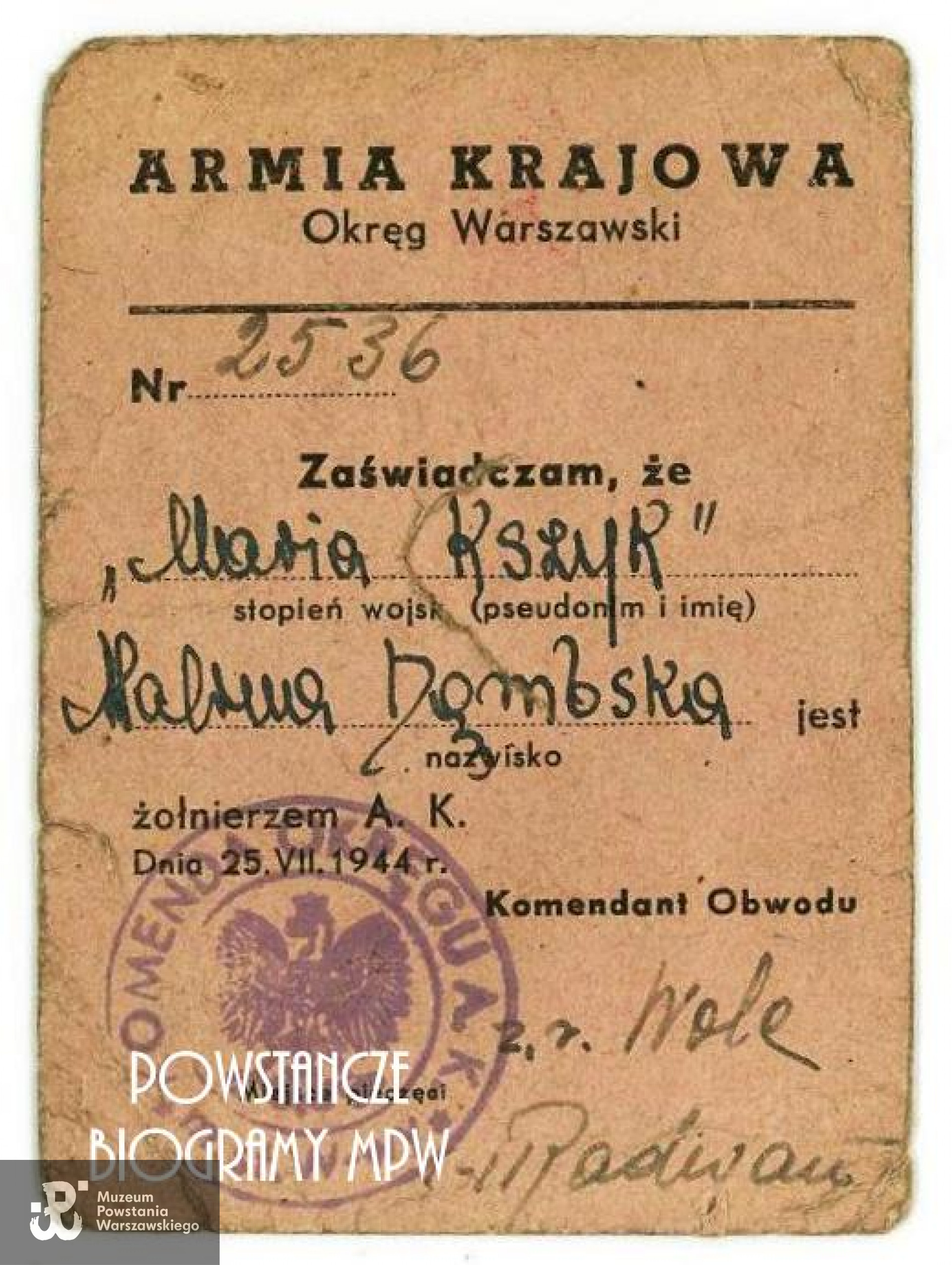 Należąca do Haliny Dąmbskiej 'Marii Kszyk" legitymacja Armii Krajowej. Materiały do Słownika Biograficznego Uczestników PW, archiwum rodzinne
