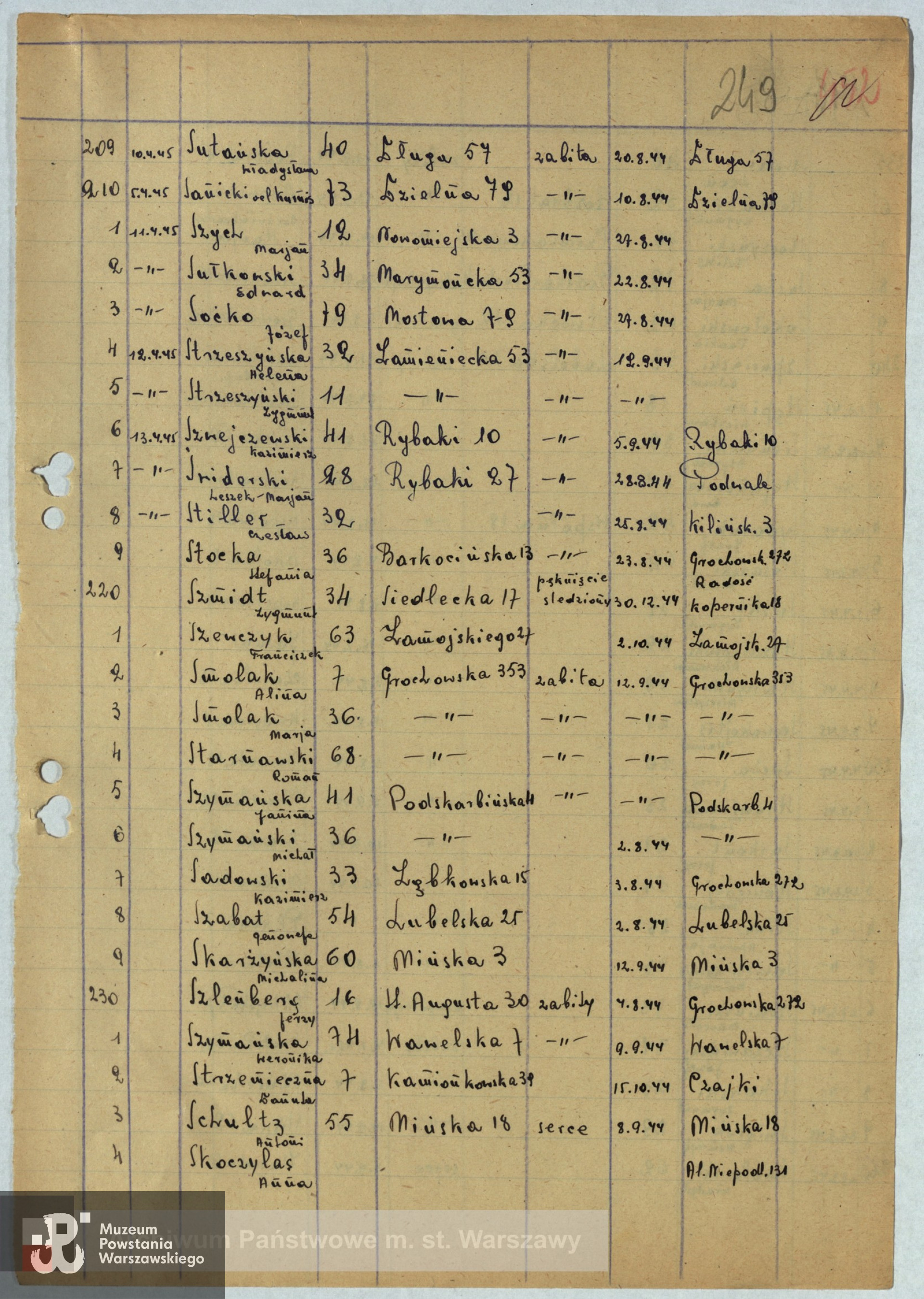 Archiwum Państwowe - Listy ekshumowanych z ruin Warszawy
