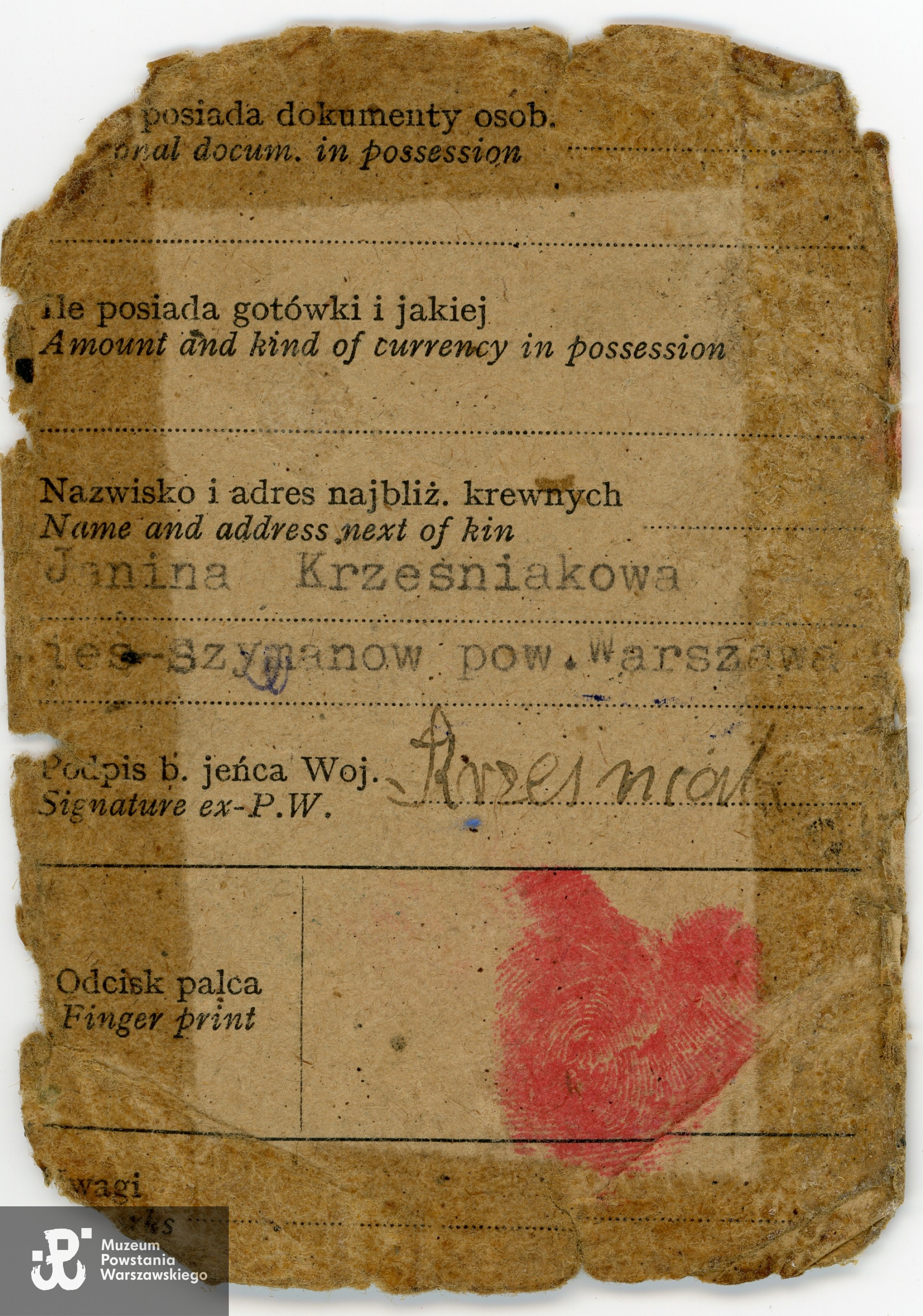 Fragment należącej do Wacława Krześniaka Legitymacji Byłego Jeńca Wojennego. Skan udostępnił p. Jan Zdrojek