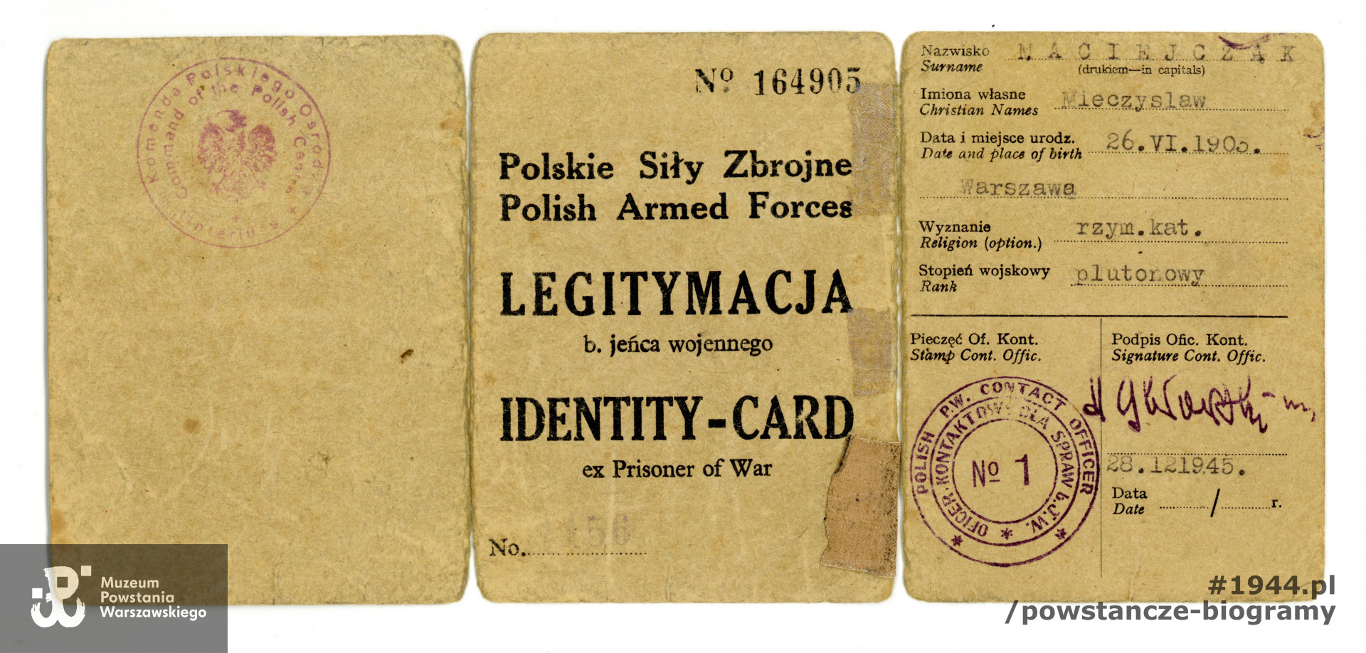 Należąca do Mieczysława Maciejczaka ps. "Morus" legitymacja byłego jeńca wojennego. Ze zbiorów Muzeum Powstania Warszawskiego, sygn.  P/5745/07