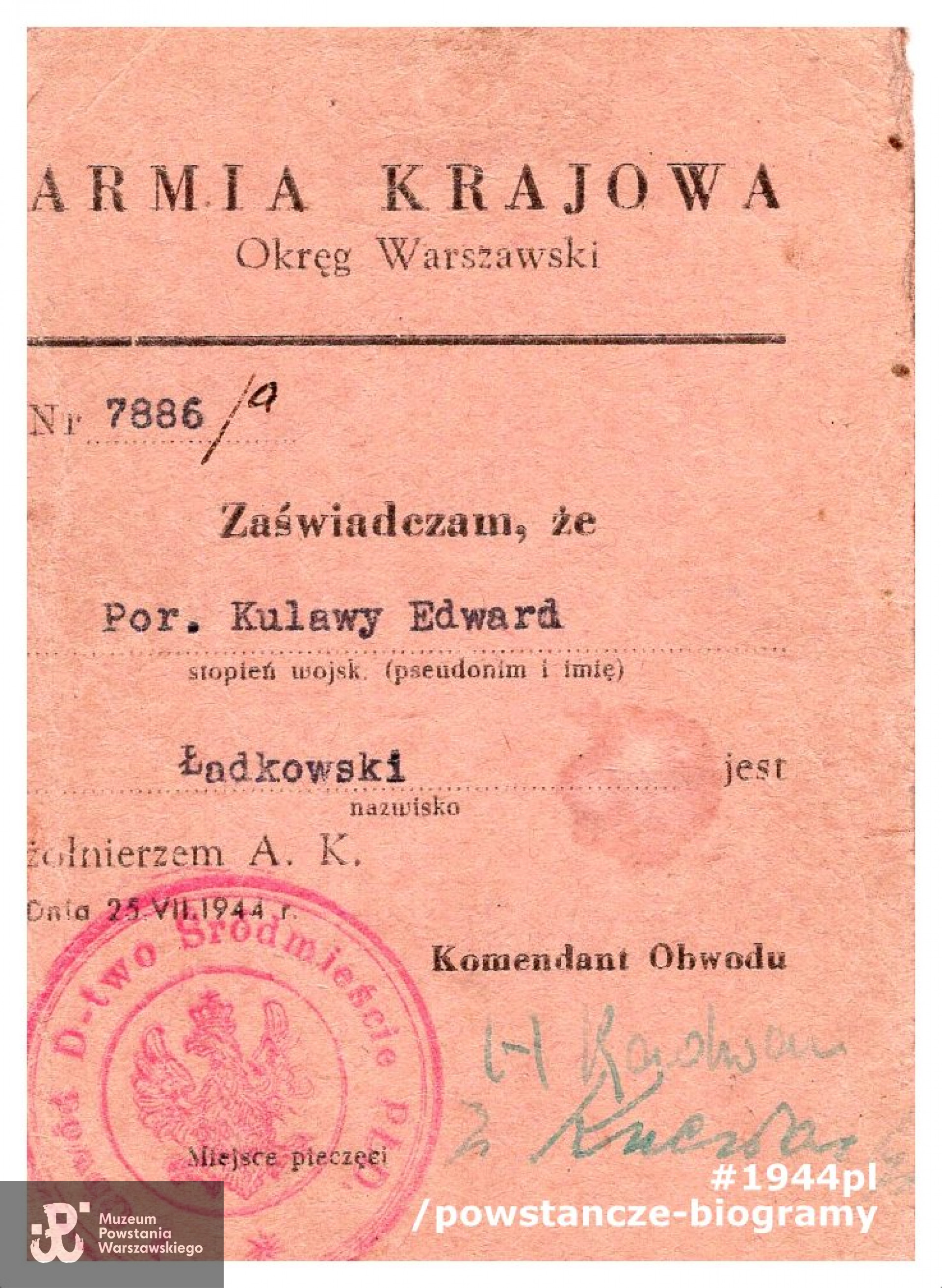 Należąca do por. Edwarda Ładkowskiego "Kulawego" legitymacja Armii Krajowej. Ze zbiorów Muzeum Powstania Warszawskiego