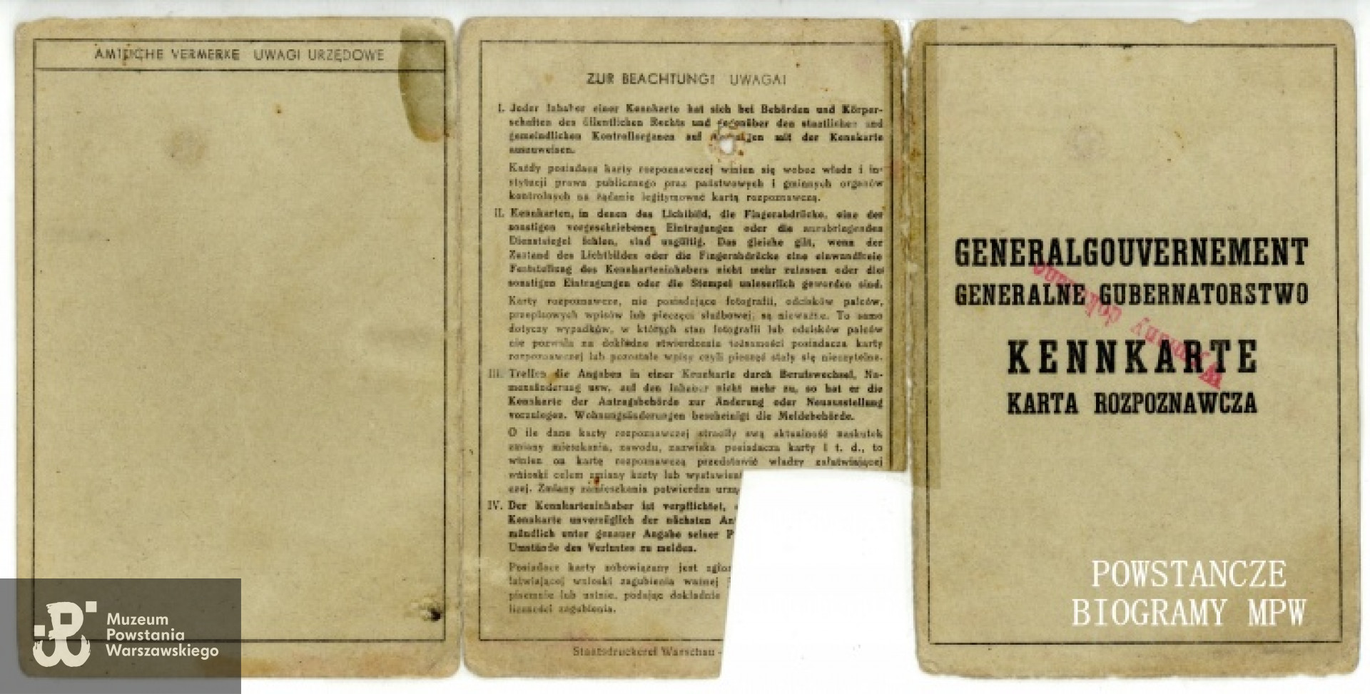 Kenkarta Marii Wieczorek - 1943 rok.  Ze zbiorów Muzeum Powstania Warszawskiego, sygn. P/8272