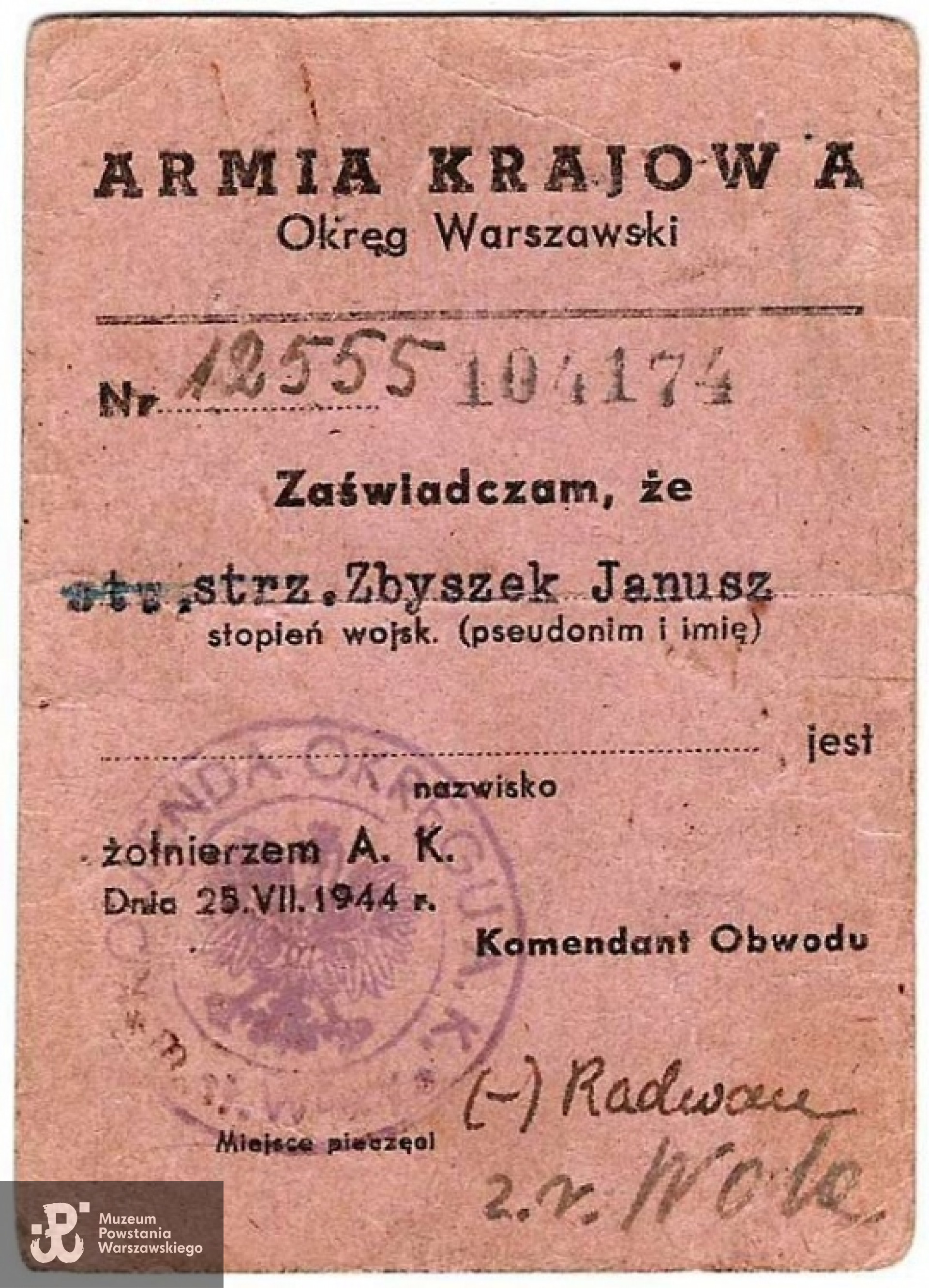 Powstanie Warszawskie - legitymacja Armii Krajowej