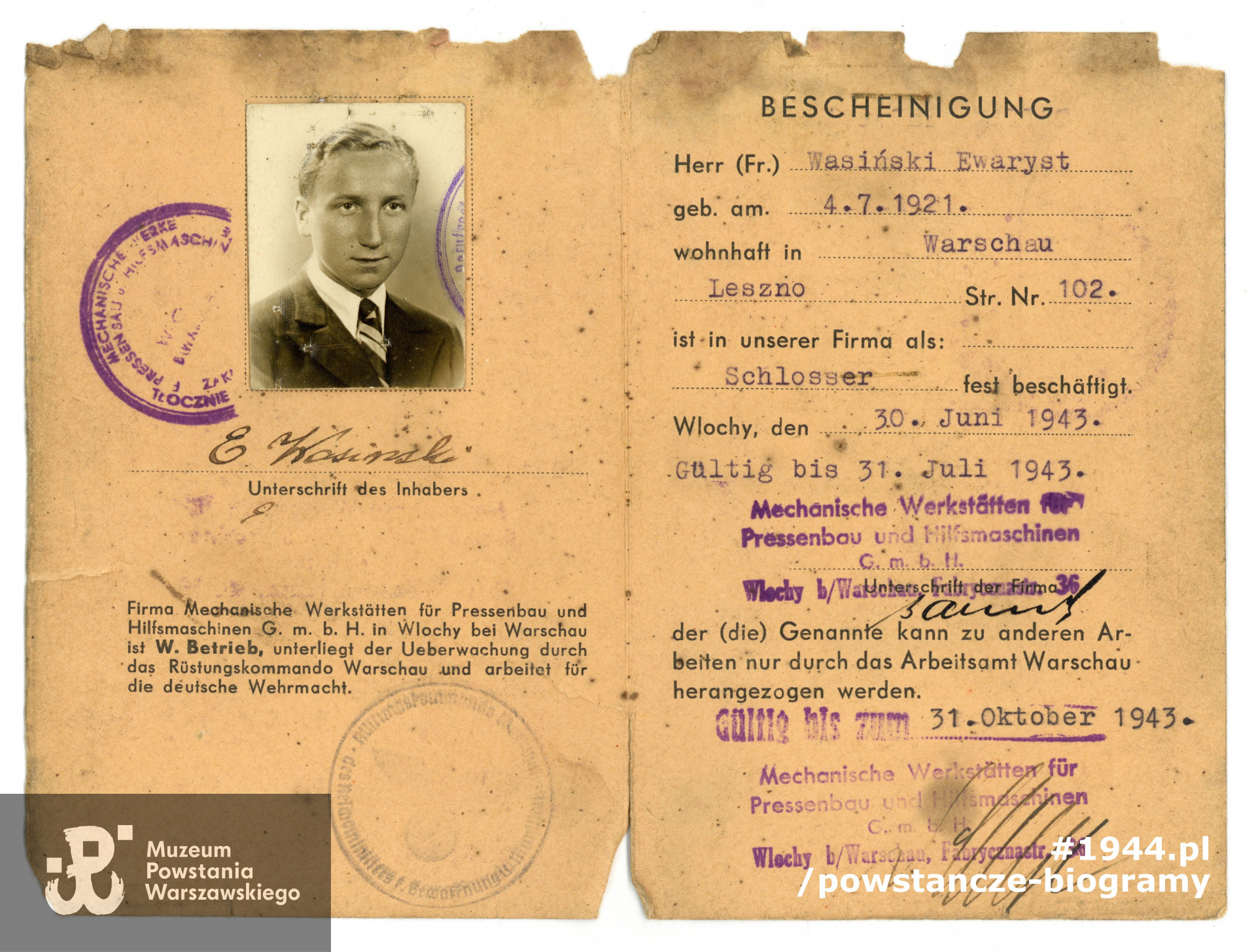 Bescheinigung. Dokument wystawiony na nazwisko Ewaryst Wasiński. Ze zbiorów Muzeum Powstania Warszawskiego, sygn. P/3276 - P/3282