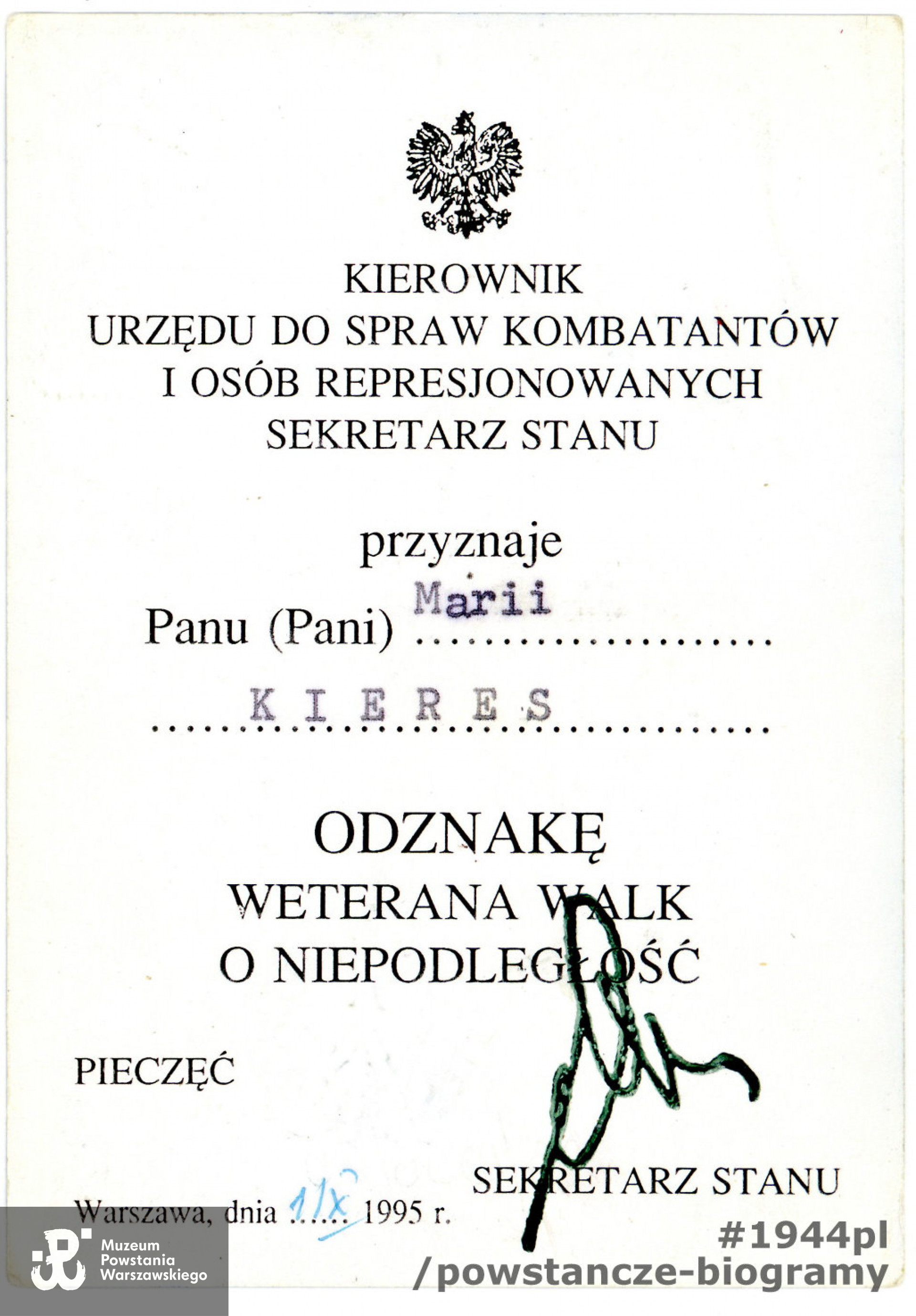 Legitymacja odznaczeniowa ze zbiorów rodzinnych p. Joanny Kozłowskiej, córki