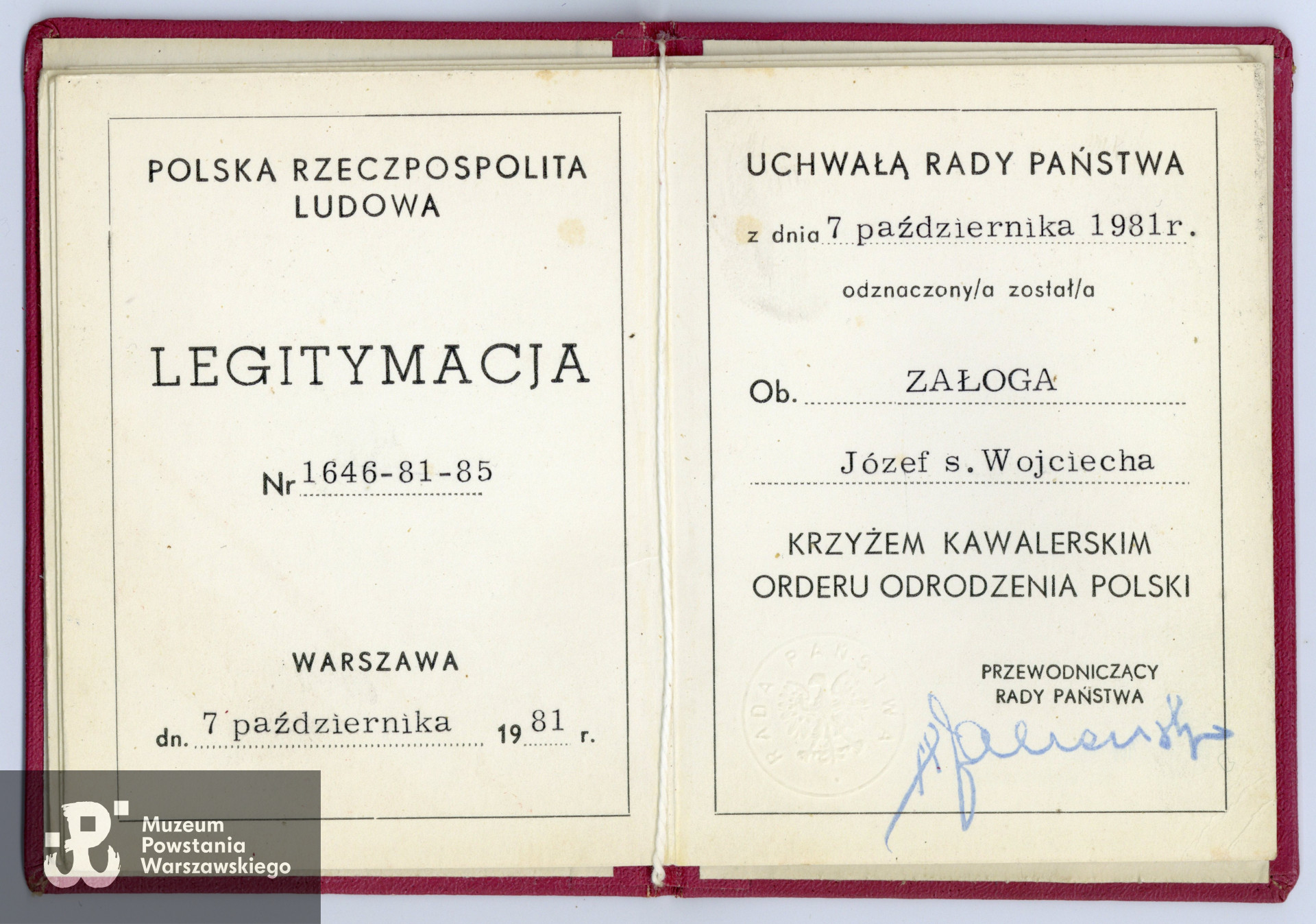 Legitymacja odznaczeniowa - Krzyż Kawalerski Orderu Odrodzenia Polski. Zbiory rodzinne, udostępniła  córka, p. Izabela Rola z domu Załoga