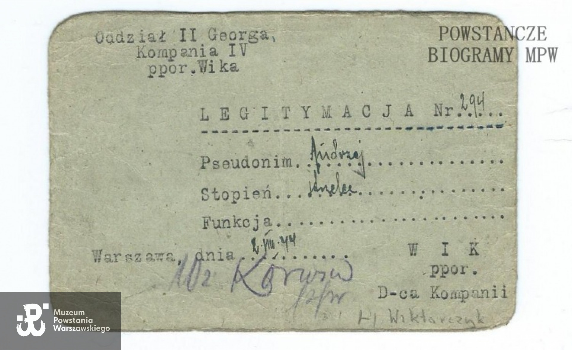 Legitymacja - 2.08.1944, na dole widoczny podpis porucznika "Wika". Fot. z archiwum rodzinnego Małgorzaty Henschel