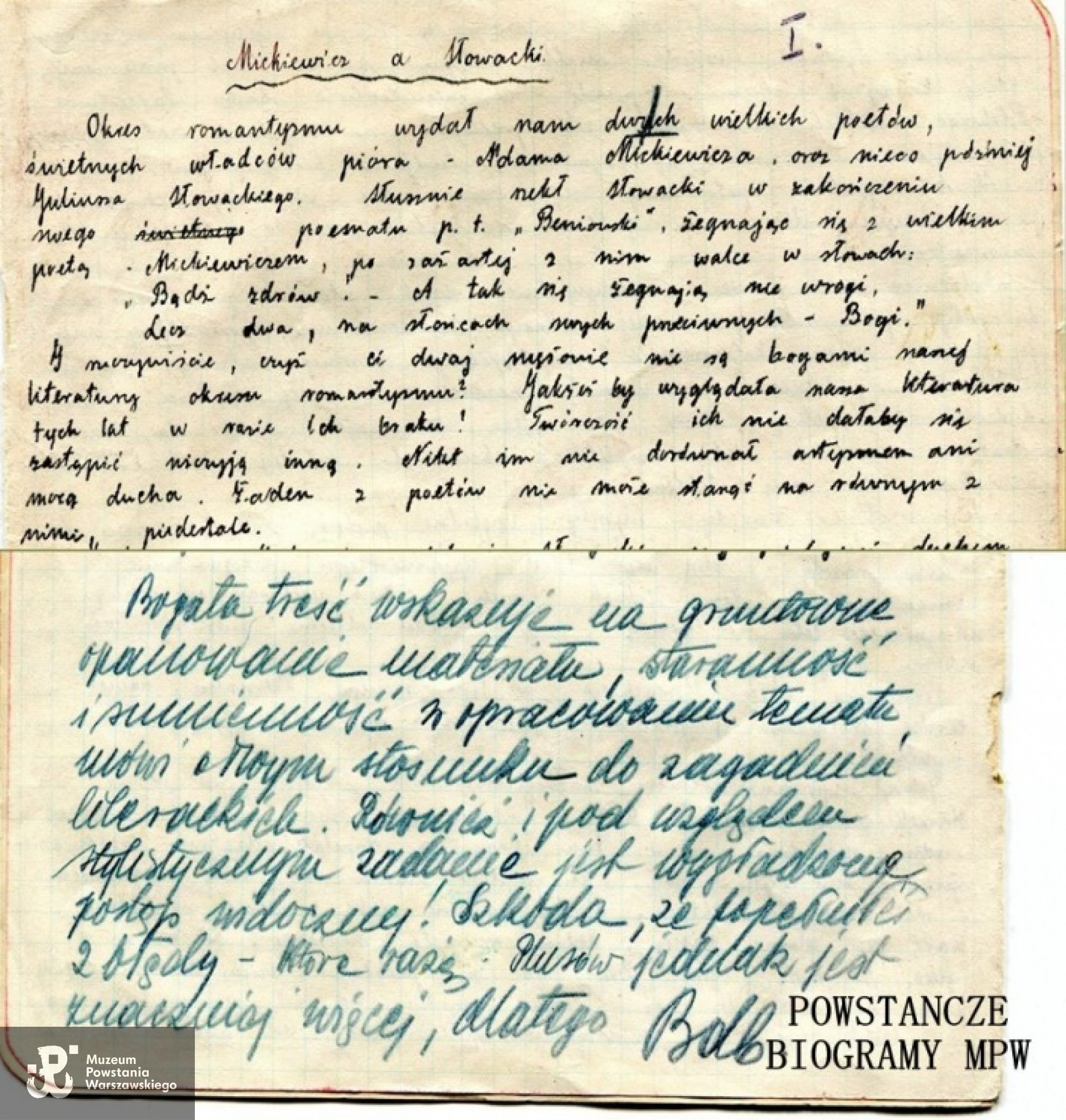 Matura z tajnych kompletów (wypracowanie z języka polskiego) wraz z opinią profesora oraz oceną bardzo dobrą. Próbka charakteru pisma (górna część fotografii) z czasów na trzy lata przed podjęciem studiów medycznych. Fot. z archiwum rodzinnego udostępnione przez p. Annę i Andrzeja Dąbrowskich.