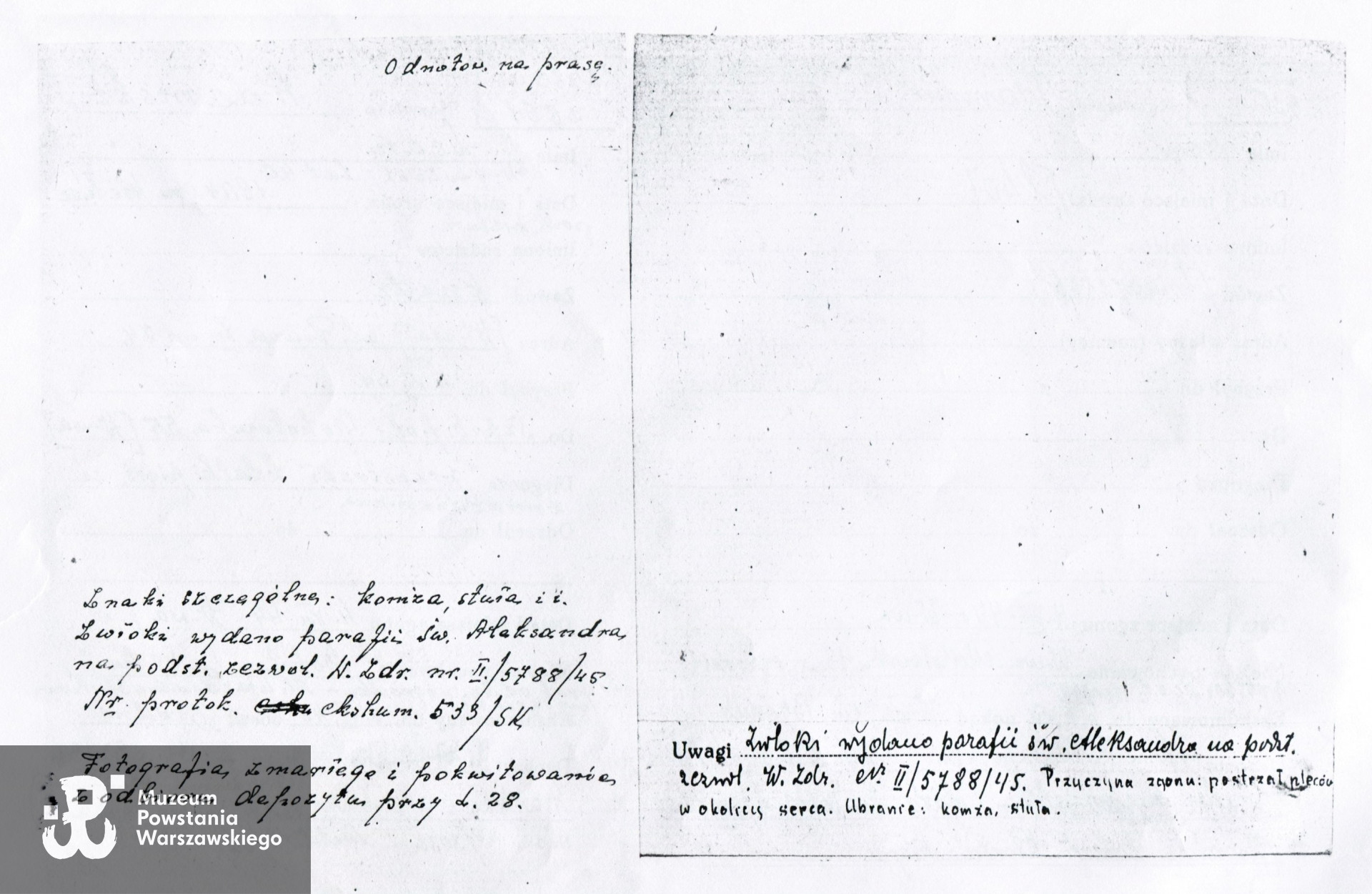 <i>"Przyczyna zgonu: postrzał pleców w okolicy serca. Ubranie: komża, stuła".</i>Ze zbiorów Polskiego Czerwonego Krzyża 