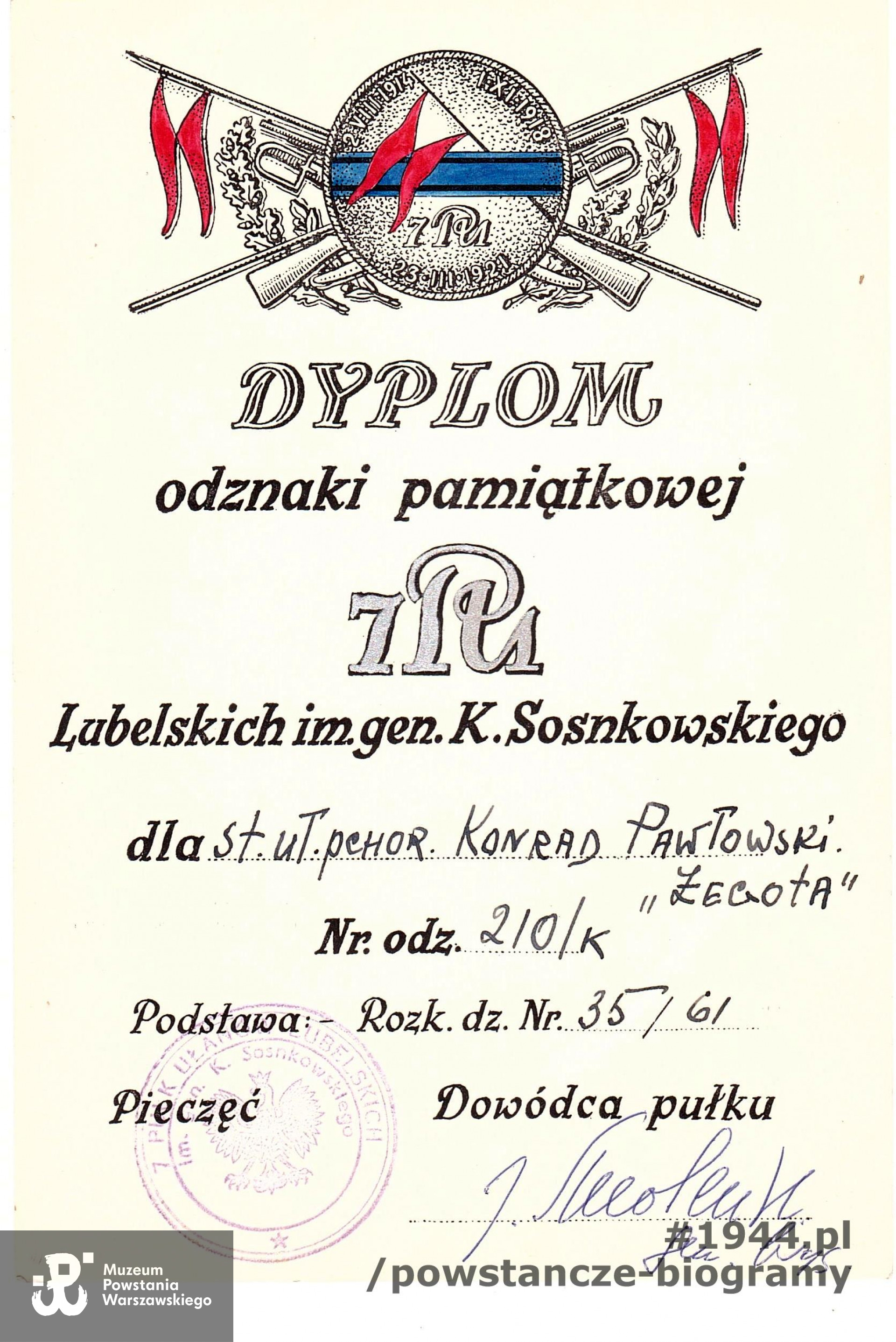 Dyplom Odznaki Pamiątkowej 7. Pułku Ułanów Lubelskich im. Gen. Kazimierza Sosnkowskiego. Archiwum rodzinne Wojciecha Sagana