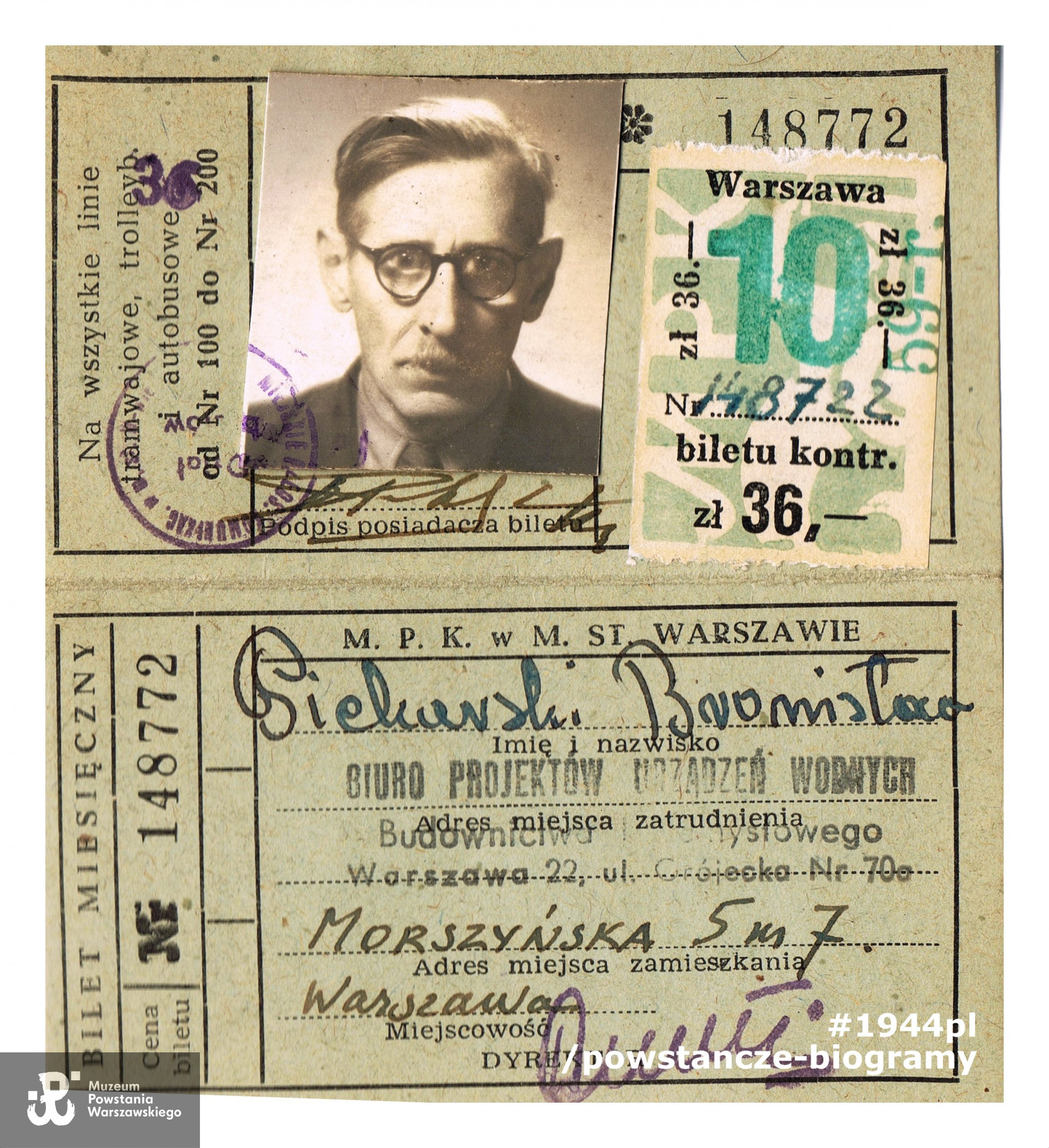Dokument powojenny - bilet miesięczny wystawiony przez MPK m. st. Warszawy, na stemplu widoczny adres ówczesnego miejsca pracy Bronisława Piekarskiego. Z archiwum rodzinnego p. Małgorzaty Karoliny Piekarskiej, wnuczki