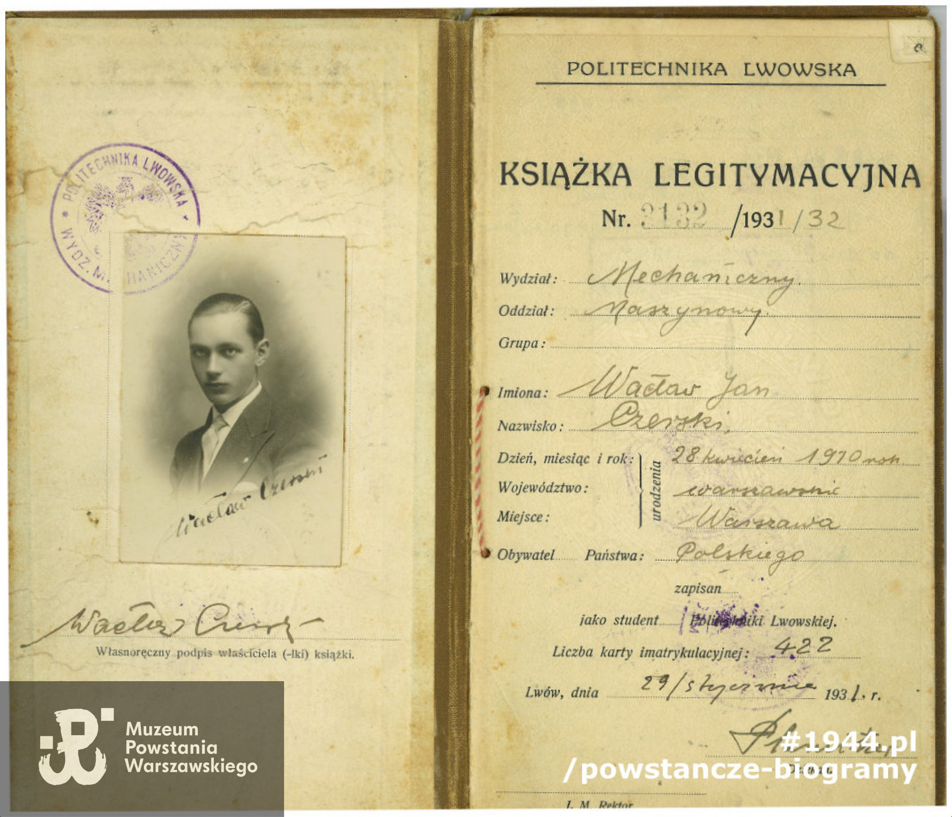 Należący do Wacława indeks Politechniki Lwowskiej. Z archiwum rodzinnego udostępniła p. Ewa Piasecka