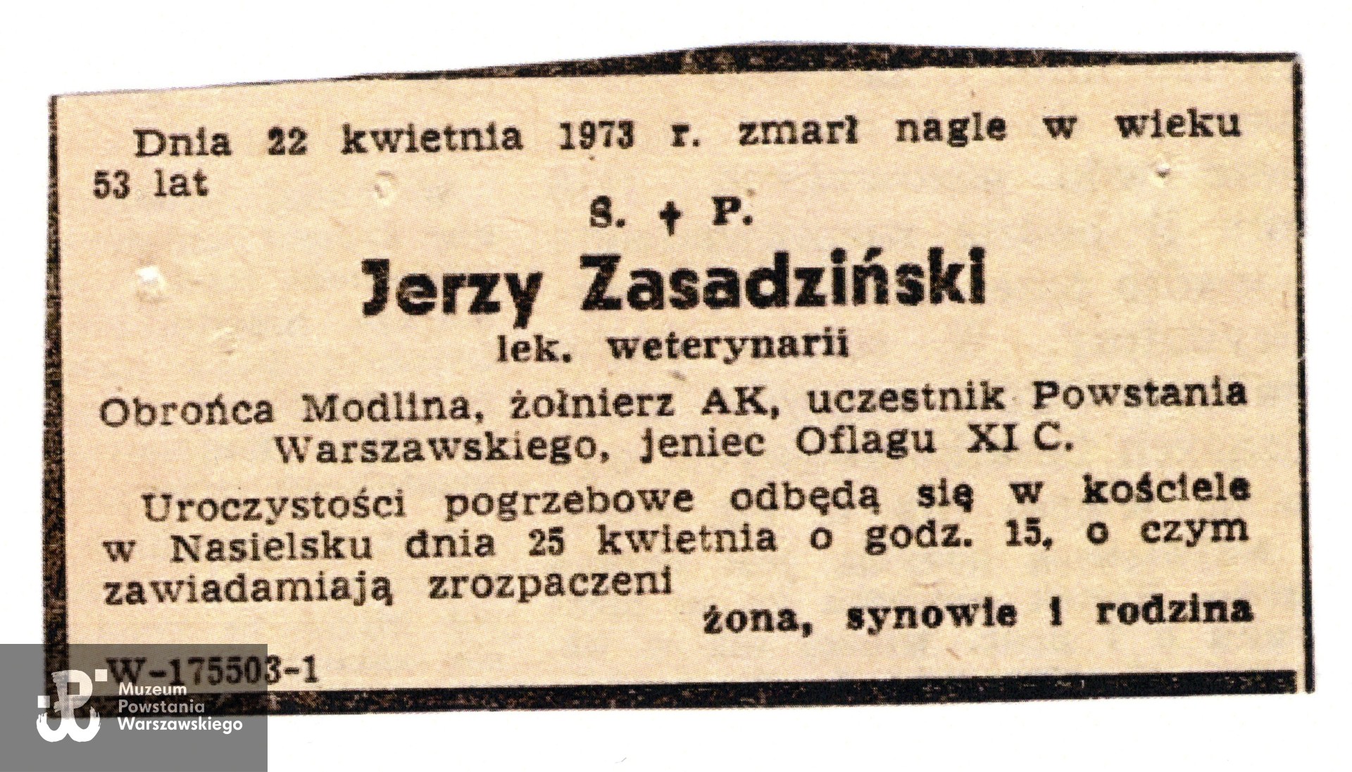 Nekrolog prasowy, zbiory Muzeum Powstania Warszawskiego,  Teczki personalne uczestników Powstania Warszawskiego