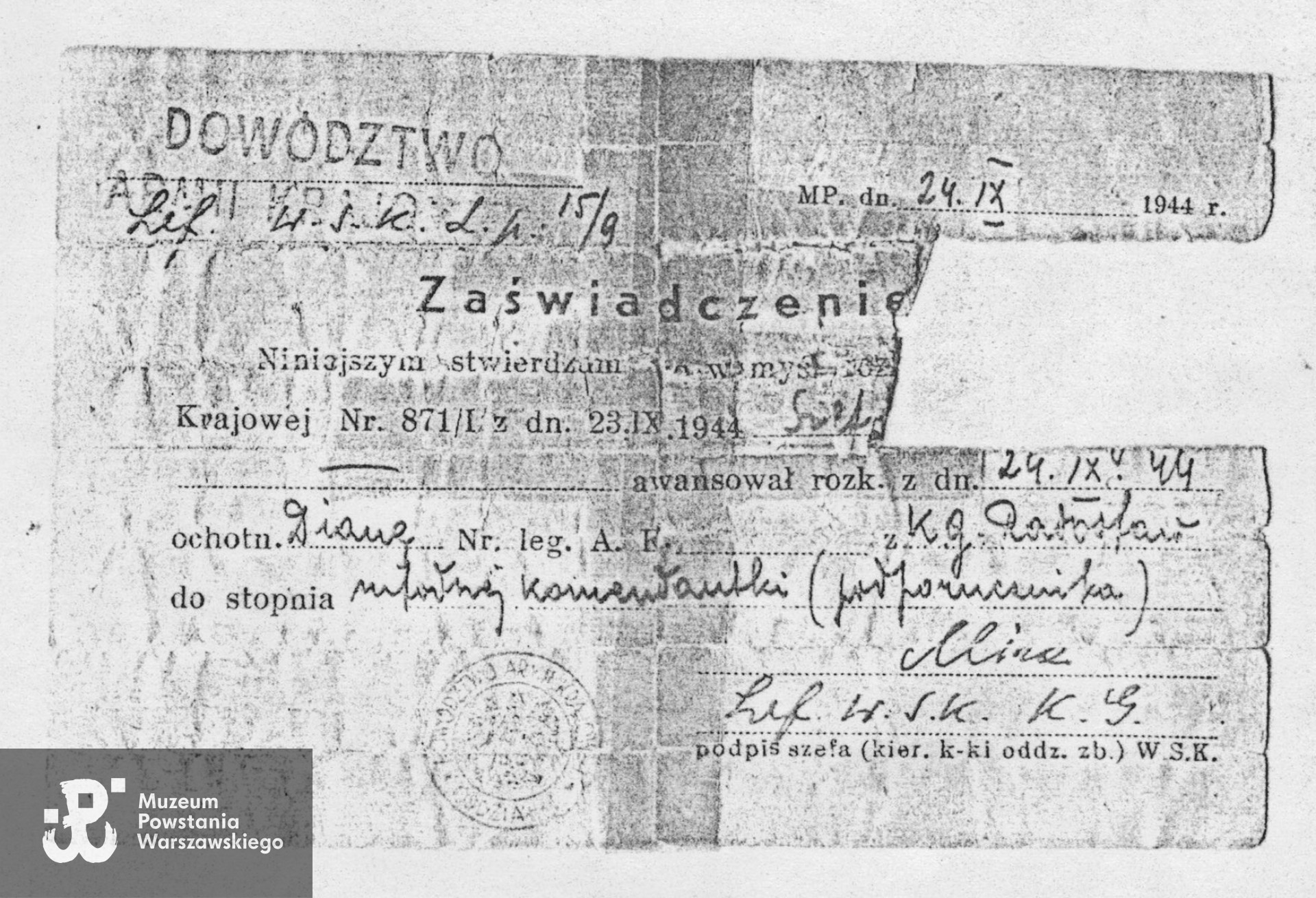 kopia zaświadczenia awansowego z dn. 24.09.1944 r. Ze zbiorów rodzinnych, skan udostępnił p. Tadeusz Habas, bratanek