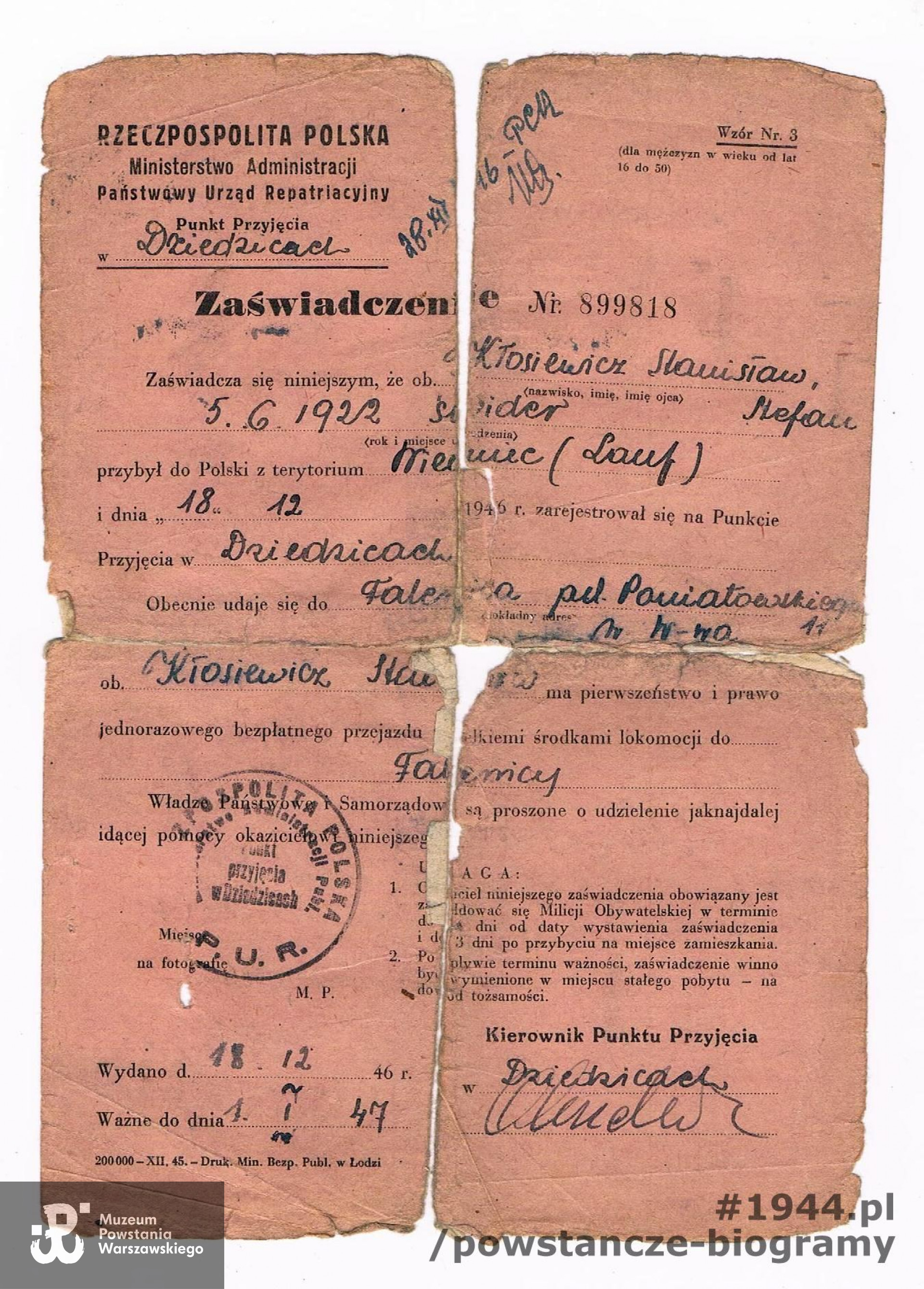 Zaśwaidczenie Państwowego Urzędu repatriacyjnego (P.U.R.) Z archiwum rodzinnego syna, p. Krzysztofa Kłosiewicza