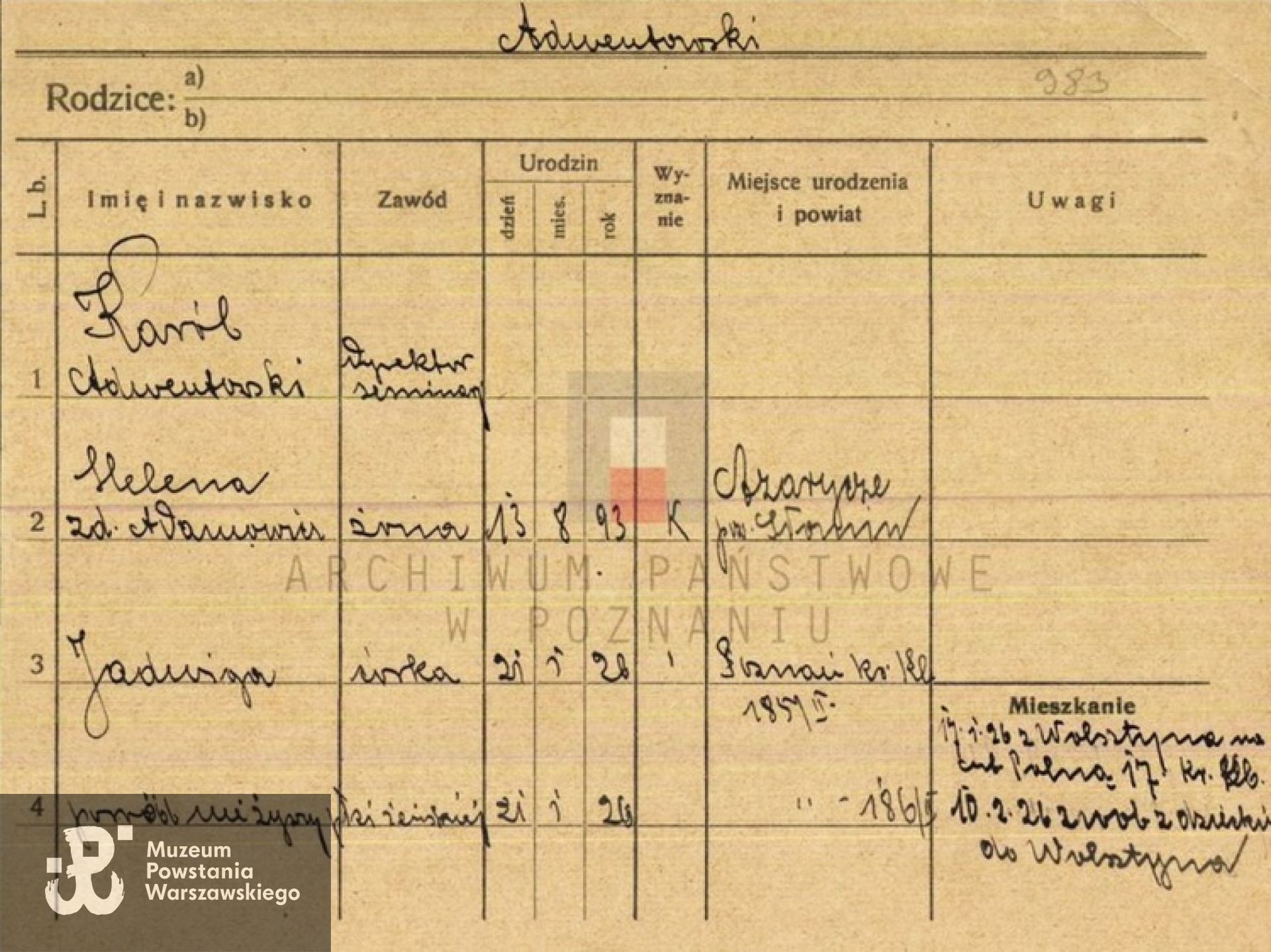 Strona z kartoteki ewidencji ludności miasta Poznania z lat 1870-1931,  gdzie widnieje rodzina Adwentowskich  i rodzice Ireny i Jadwigi: Karol Wiesław Adwentowski i Helena Adwentowska z d. Adamowicz. Fot. Archiwum Państwowe w Poznaniu, udostępniła Elżbieta Jalowska.