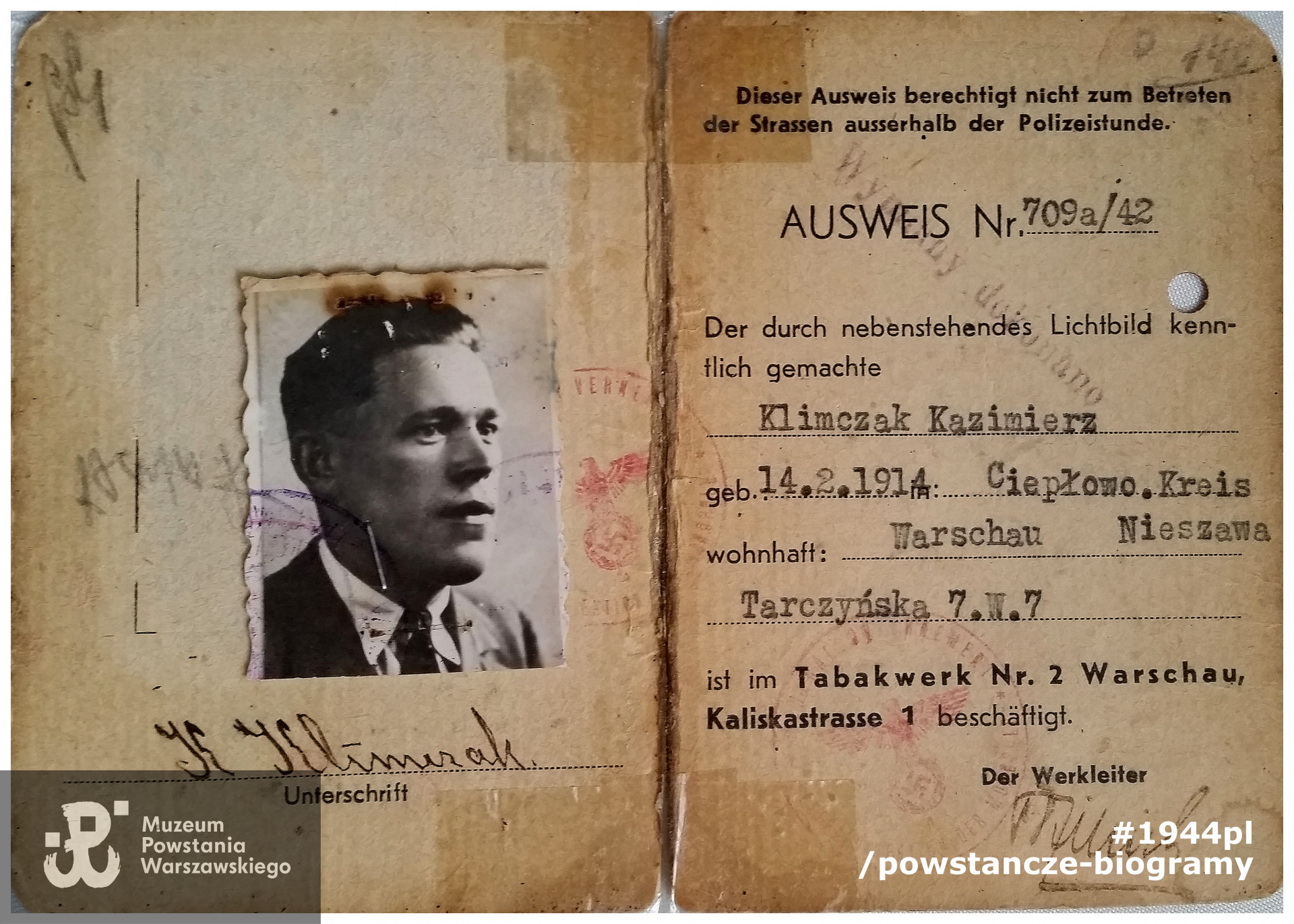  Należący do Kazimierza Klimczaka okupacyjny Ausweis. Z archiwum prywatnego p. Kazimierza Klimczaka ps. "Szron"