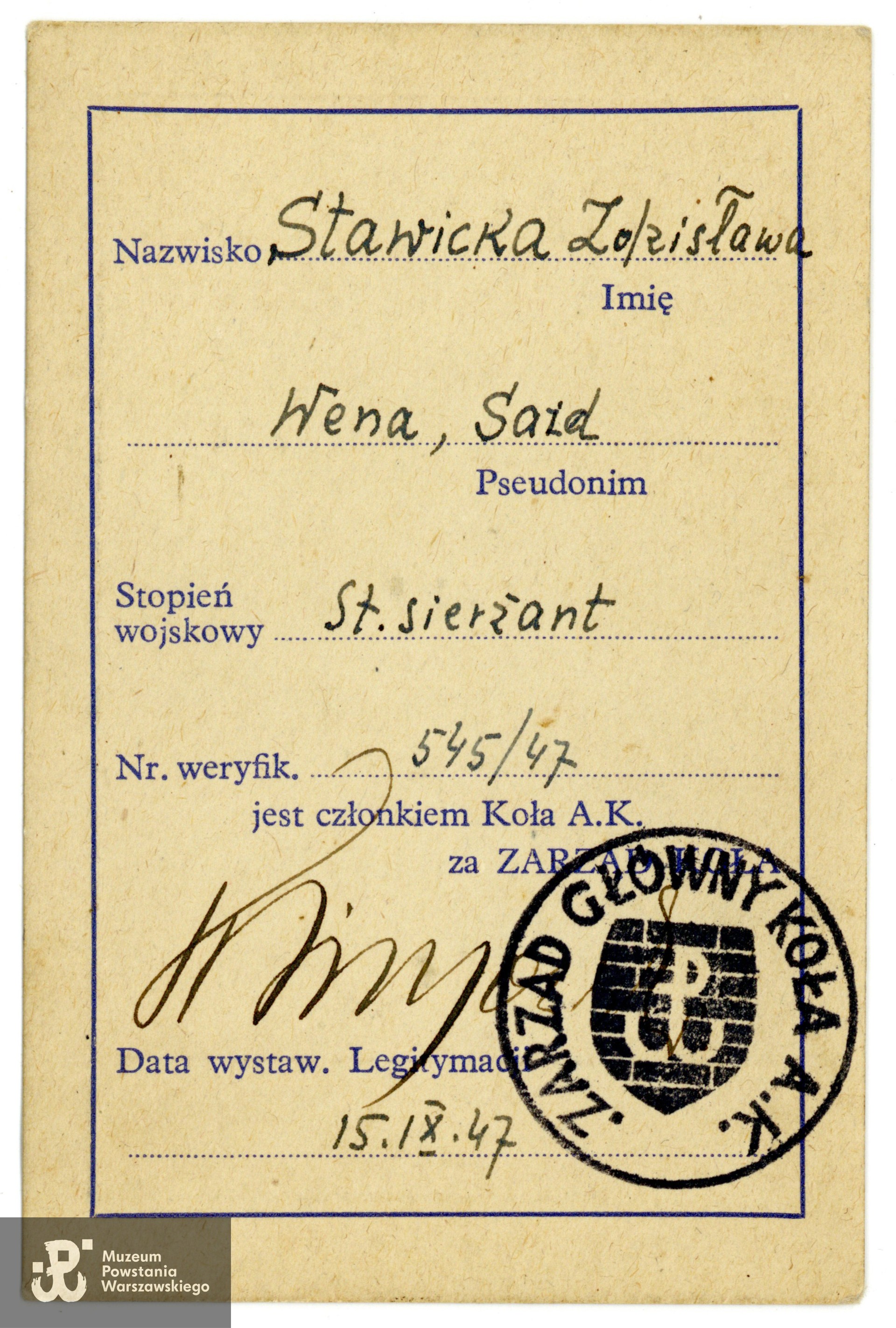 Legitymacja Koła AK Okręg Wielka Brytania