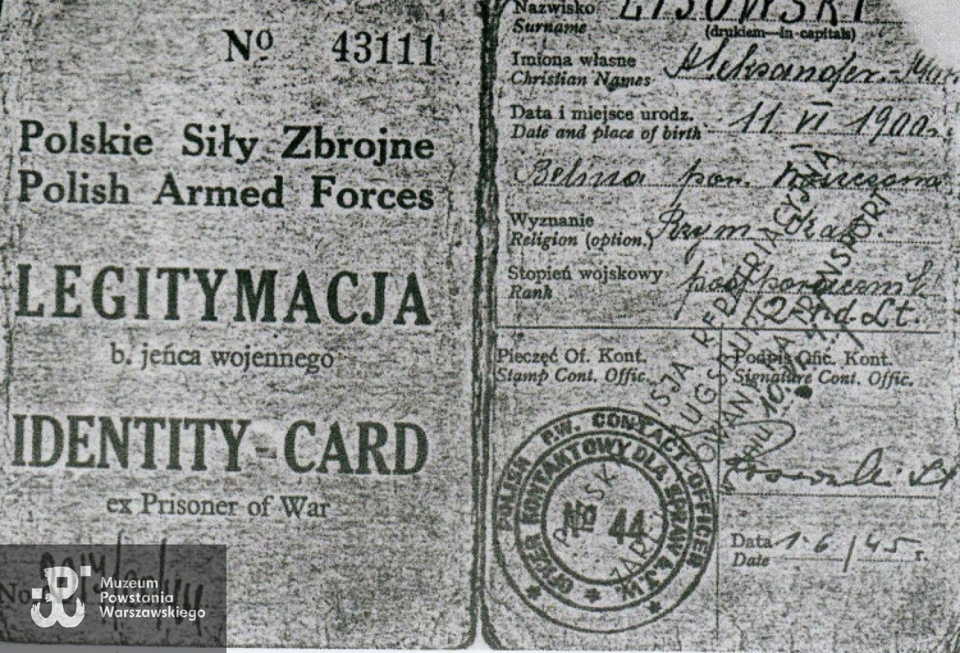 Polskie Siły Zbrojne na Zachodzie - legitymacja byłego jeńca wojennego z 1945 r.